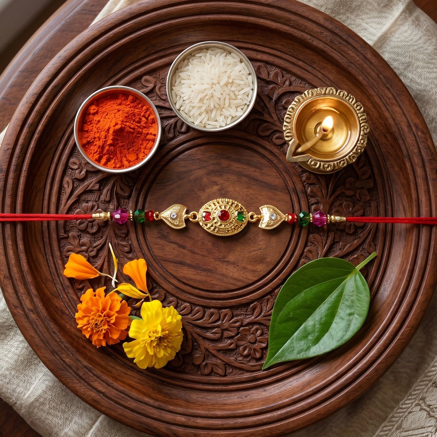 Gold Stone Designer Rakhi with Color Beads full detailed view