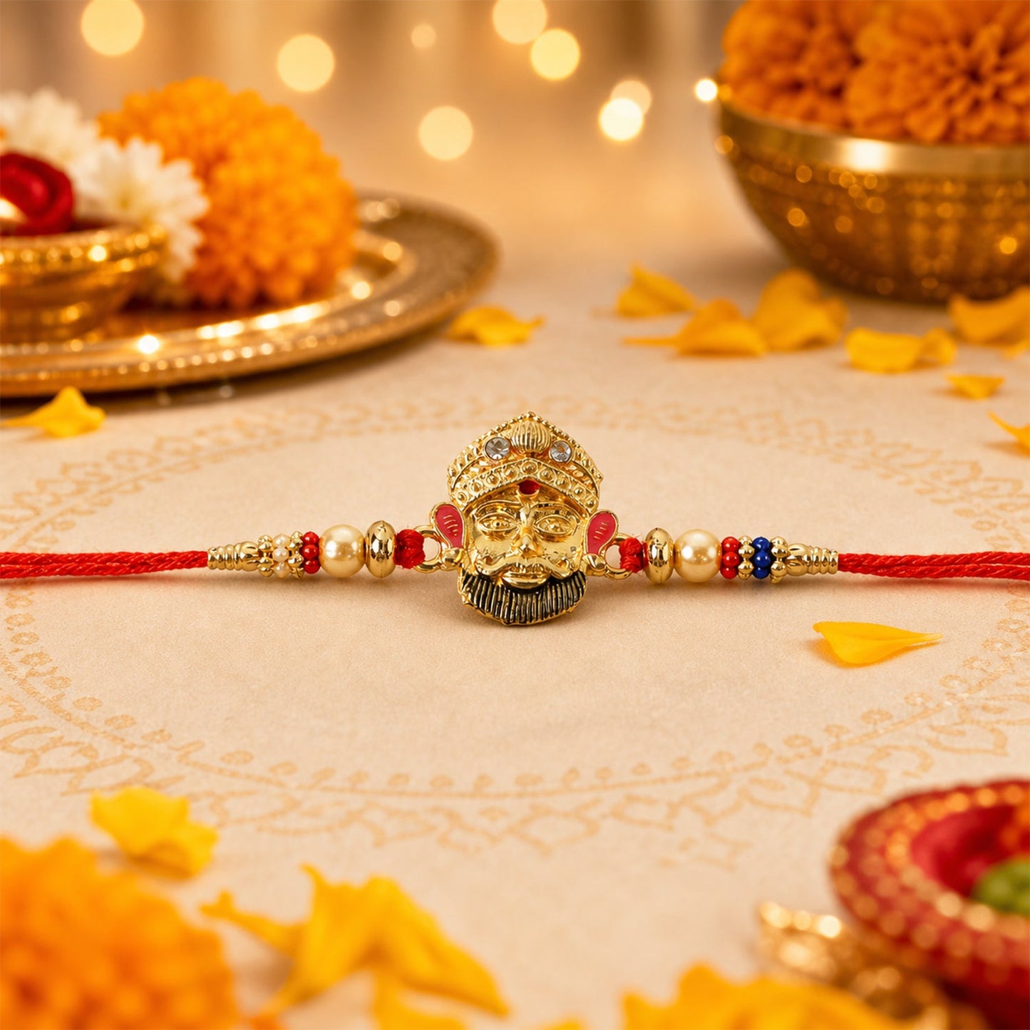 Traditional designer rakhi with red thread and beads close up