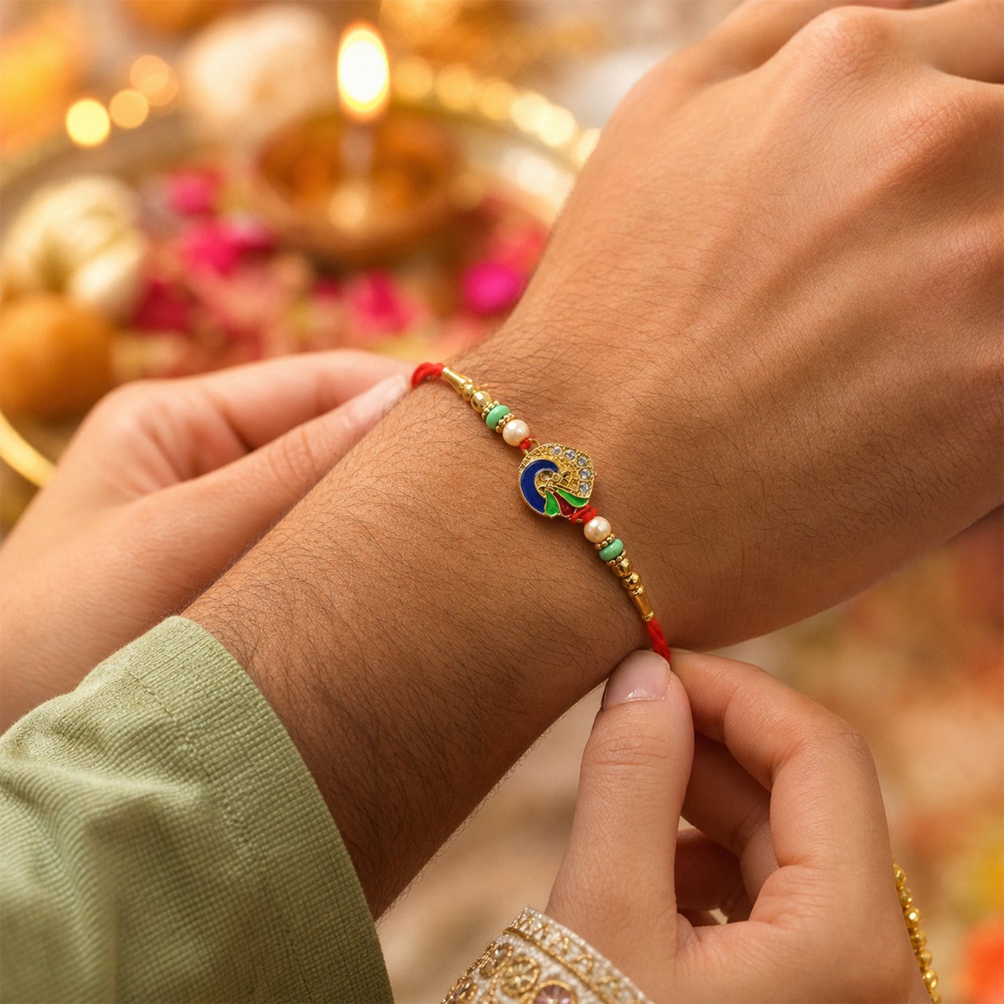 Close-up of peacock design and pearl beads on rakhi