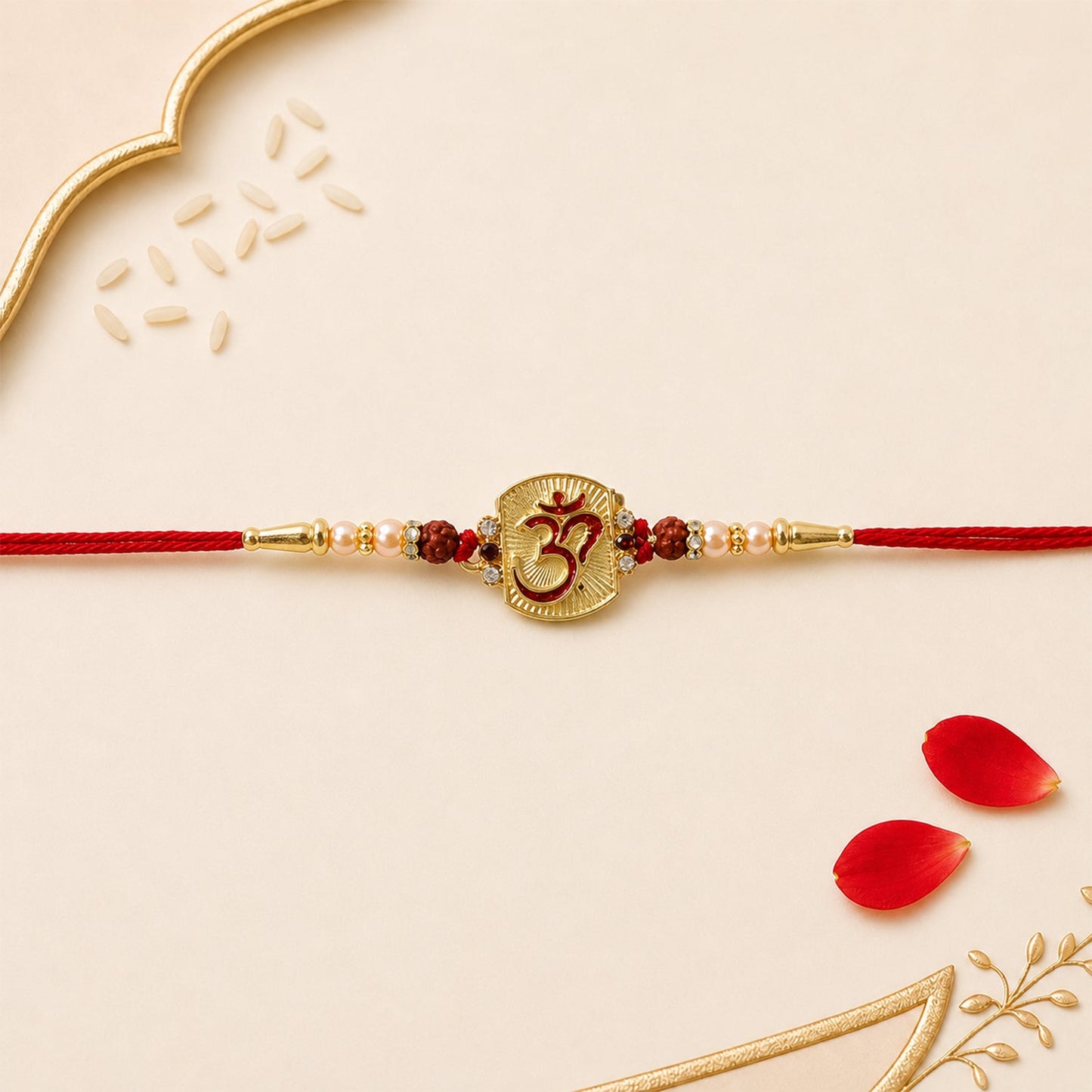 Side angle of Om Designer Rakhi with Rudraksha Beads