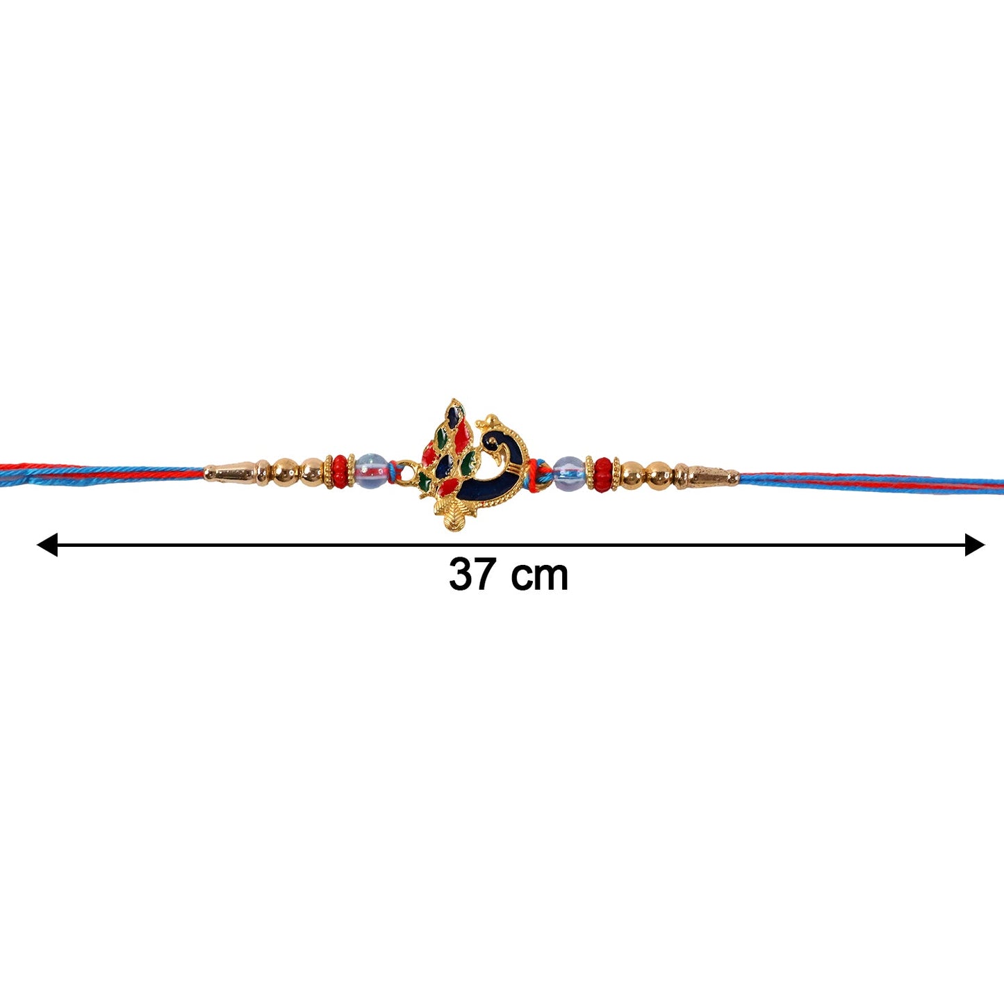 Peacock Designer Rakhi laid out with colorful beads and threads
