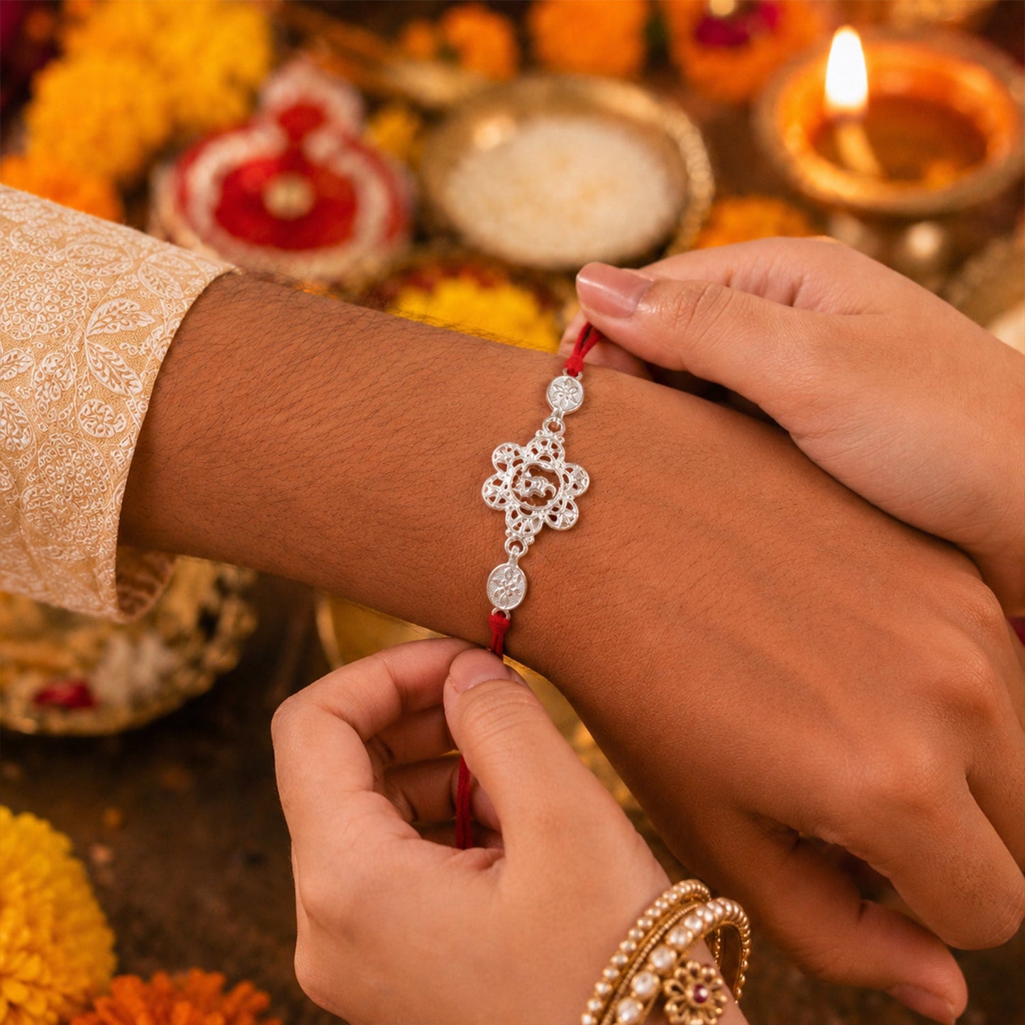 Silver Floral Om Designer Rakhi angled view with red thread
