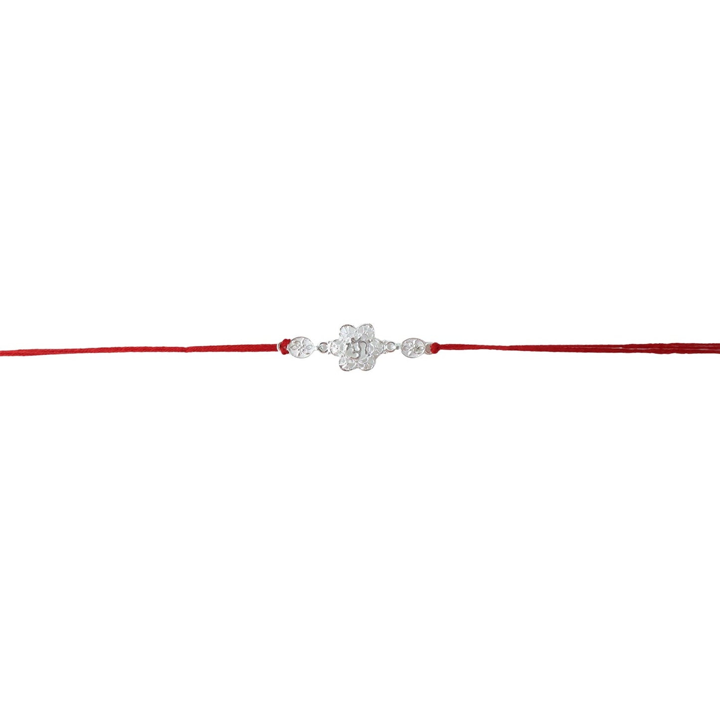 Silver Om rakhi showing intricate floral details and red thread