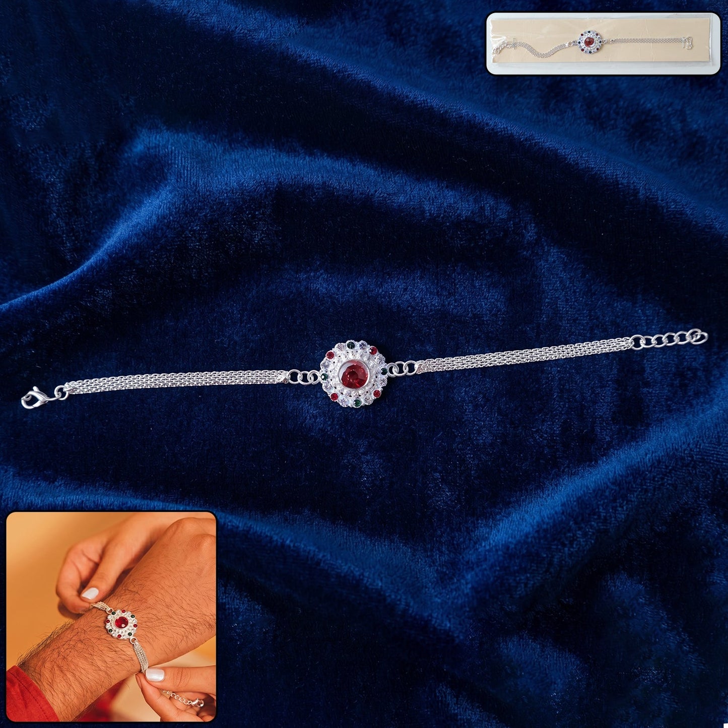Silver Stone Chain Rakhi with Red Center Stone close-up