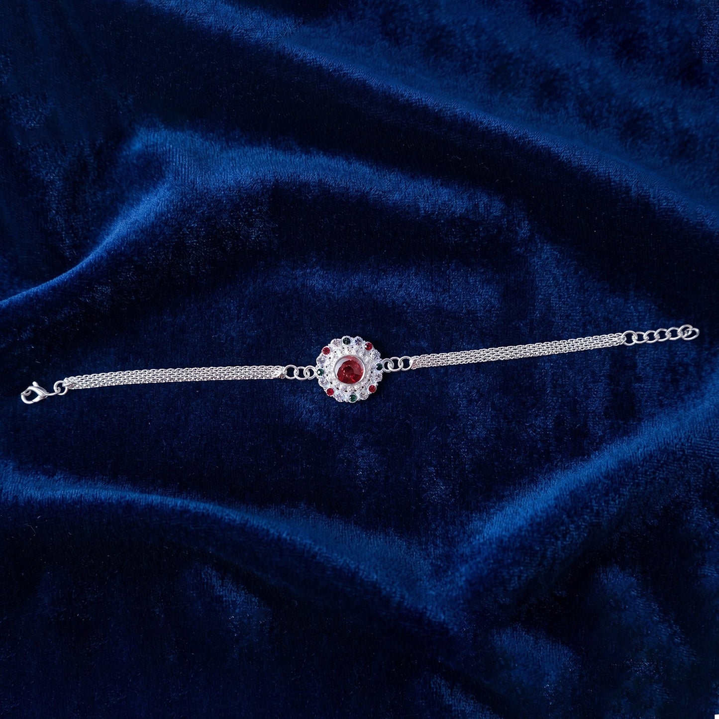 Stylish Silver Stone Chain Rakhi with red stone