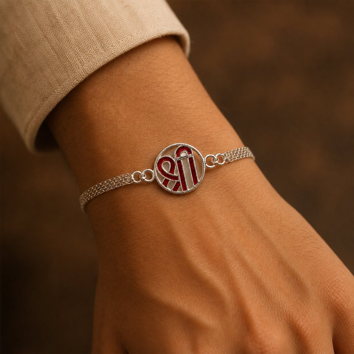 Designer Silver Shree Chain Rakhi showing detailed design