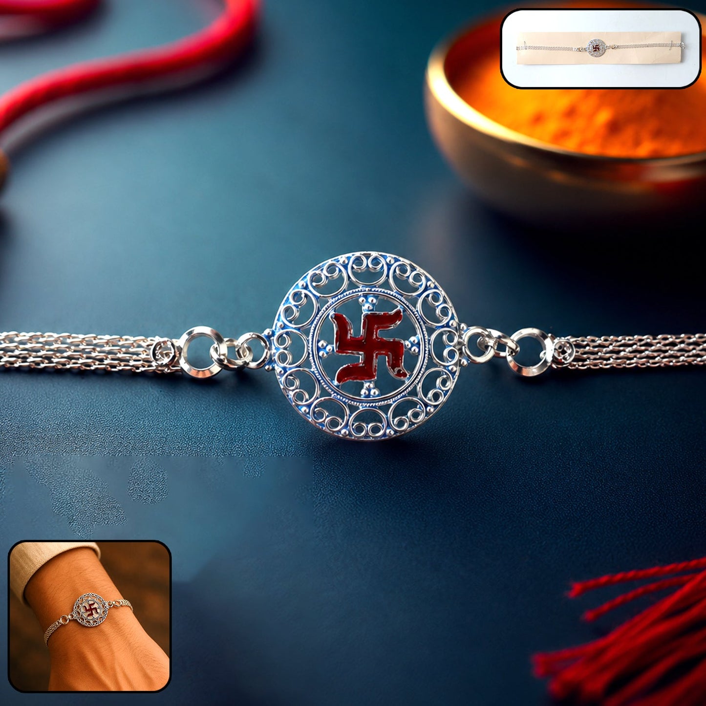 Elegant Silver Swastik Chain Rakhi with Round Designer (1 Pc)