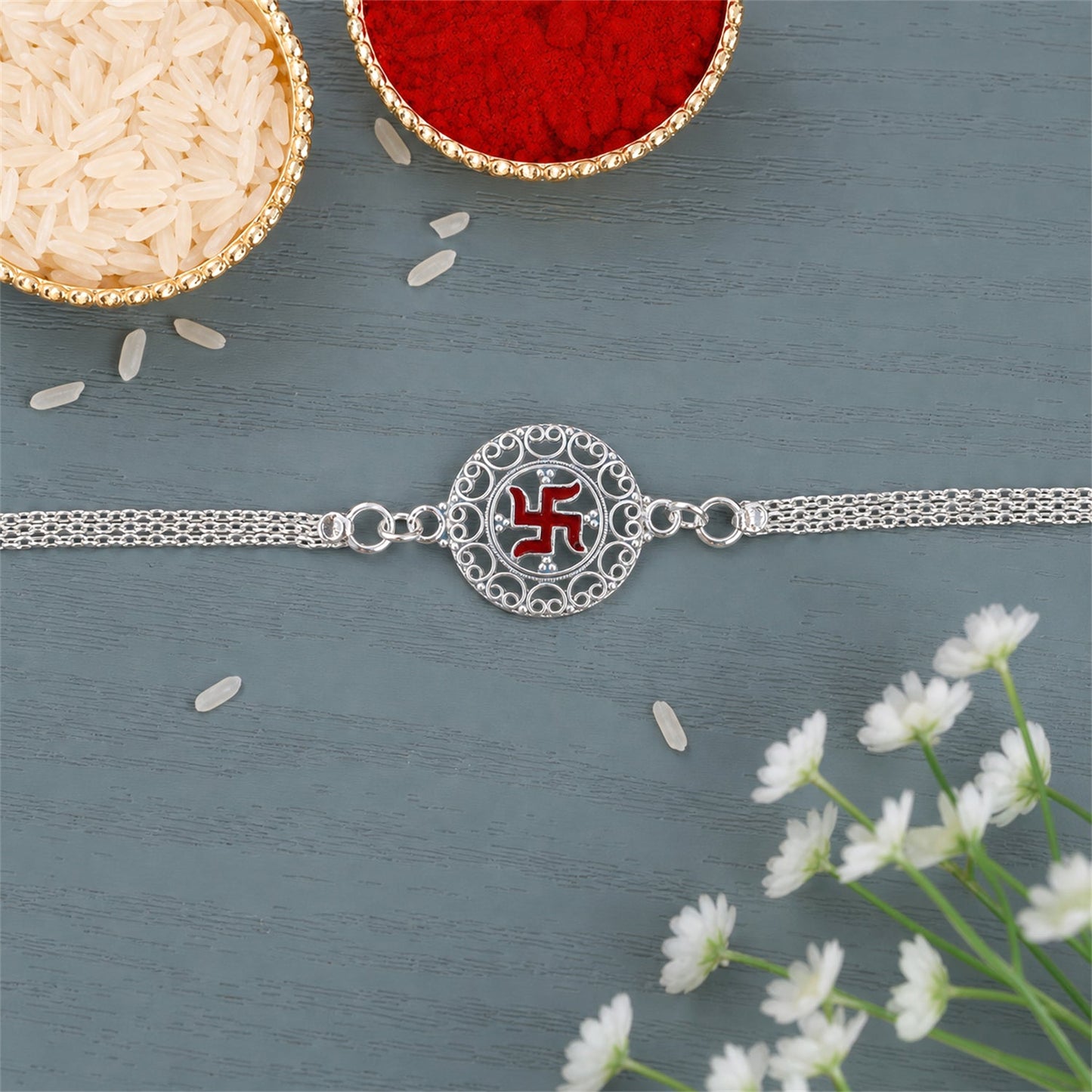 Elegant Silver Swastik Chain Rakhi with Round Designer (1 Pc)