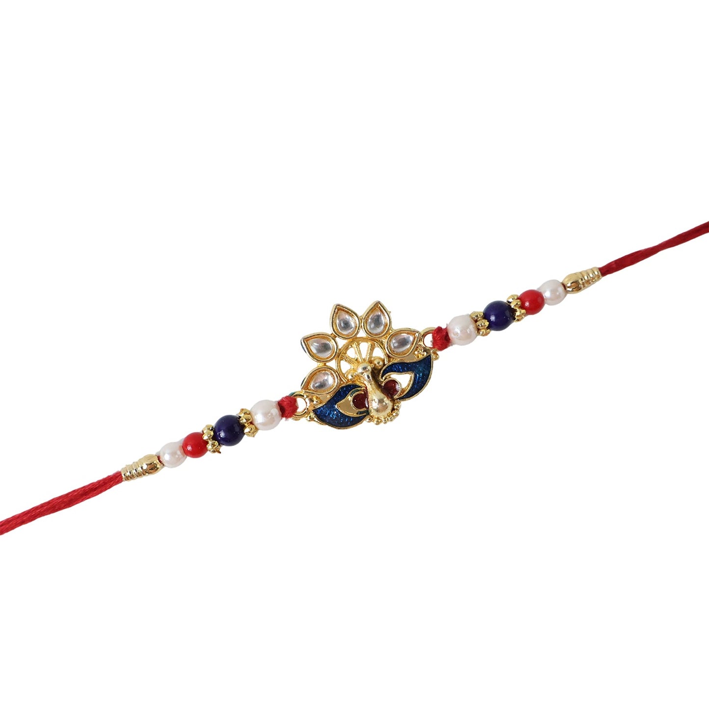 Peacock Designer Rakhi with Pearl Beads and Red Thread (1 Pc)