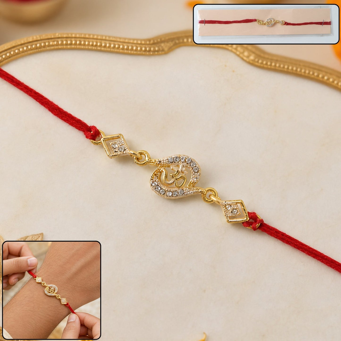 Golden Om Designer Rakhi with Stone Work and Red Thread (1 Pc)