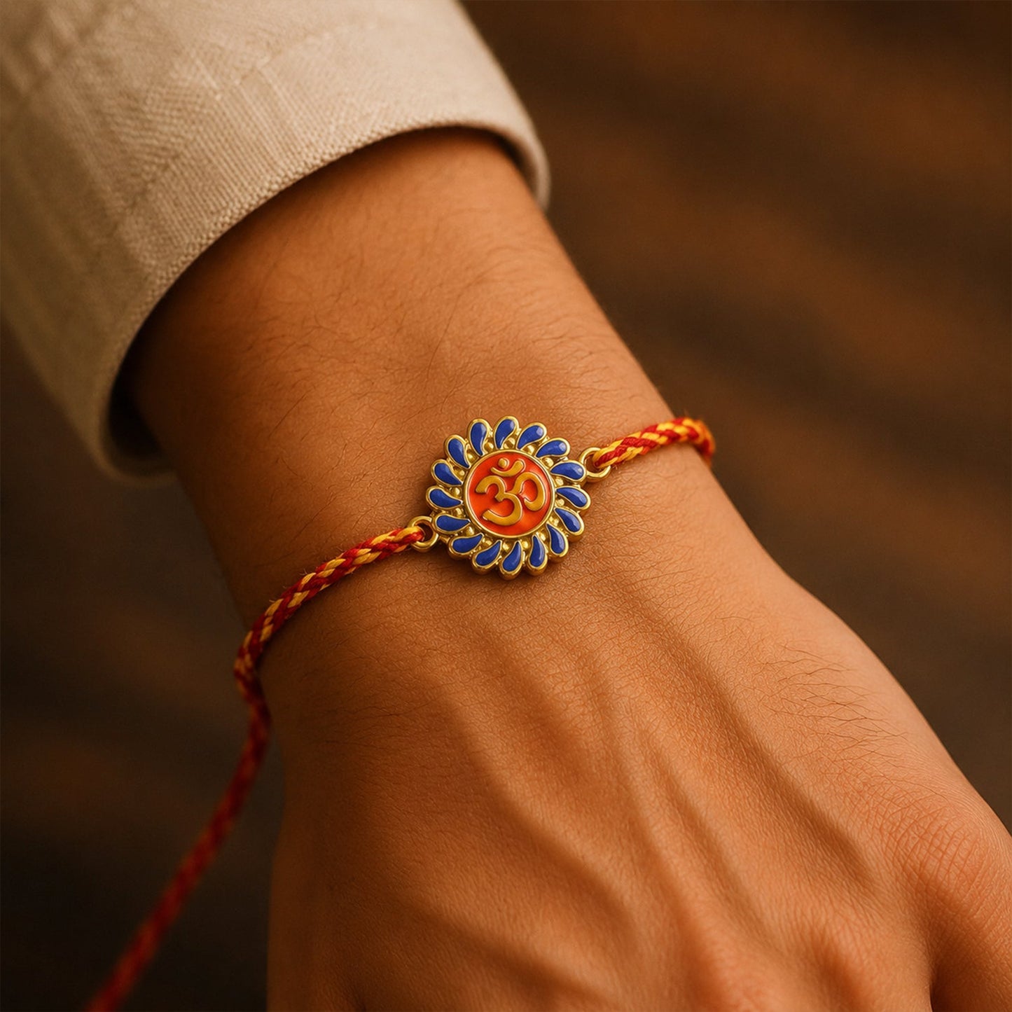 Close-up of Om symbol on Fancy Dori Rakhi for brother