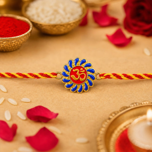 Side view of Om Floral Fancy Dori Rakhi showing thread details