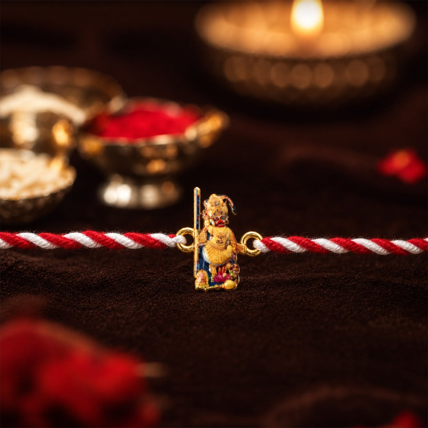 Hanuman Ji fancy dori rakhi displayed on festive cloth