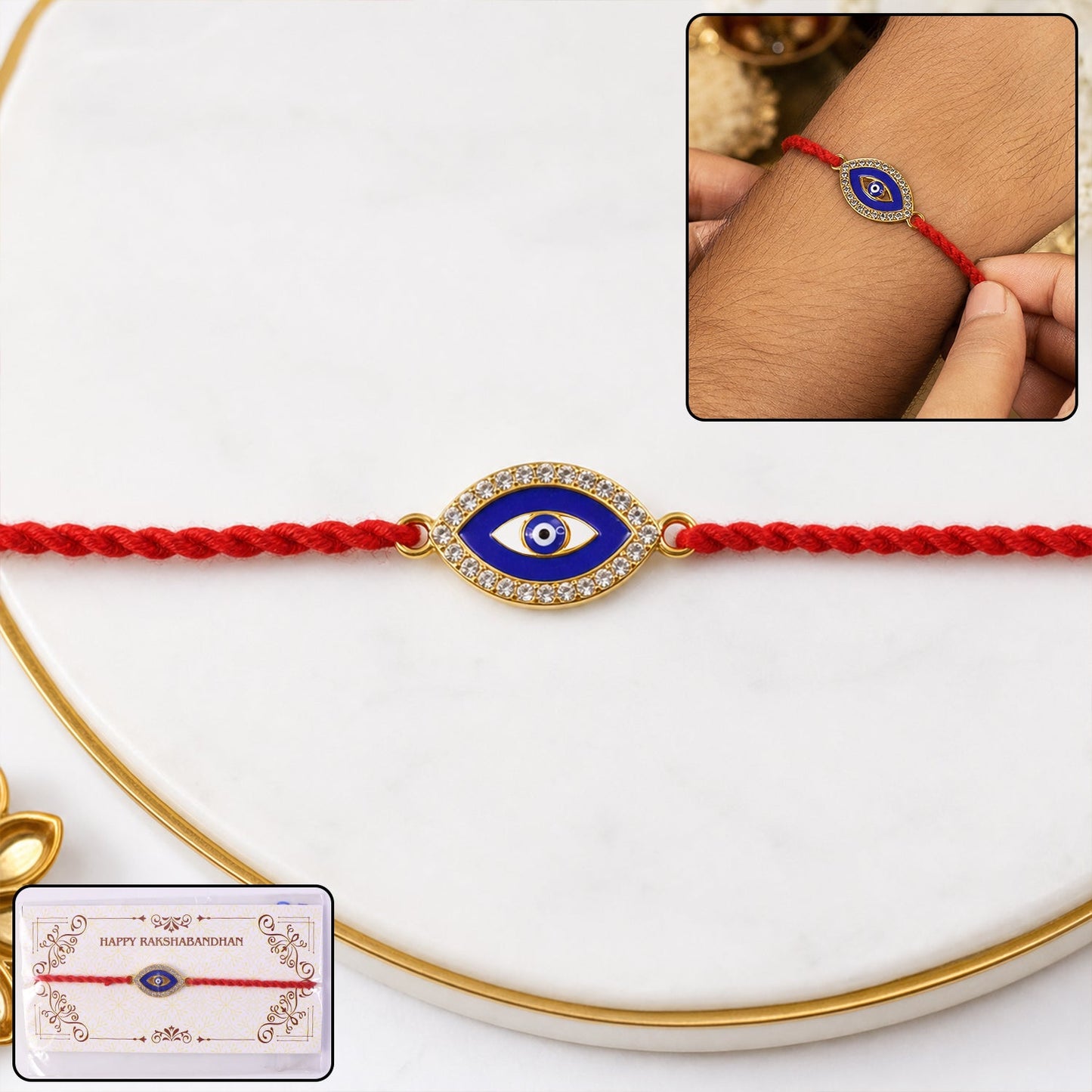 Blue Evil Eye Fancy Dori Rakhi front view