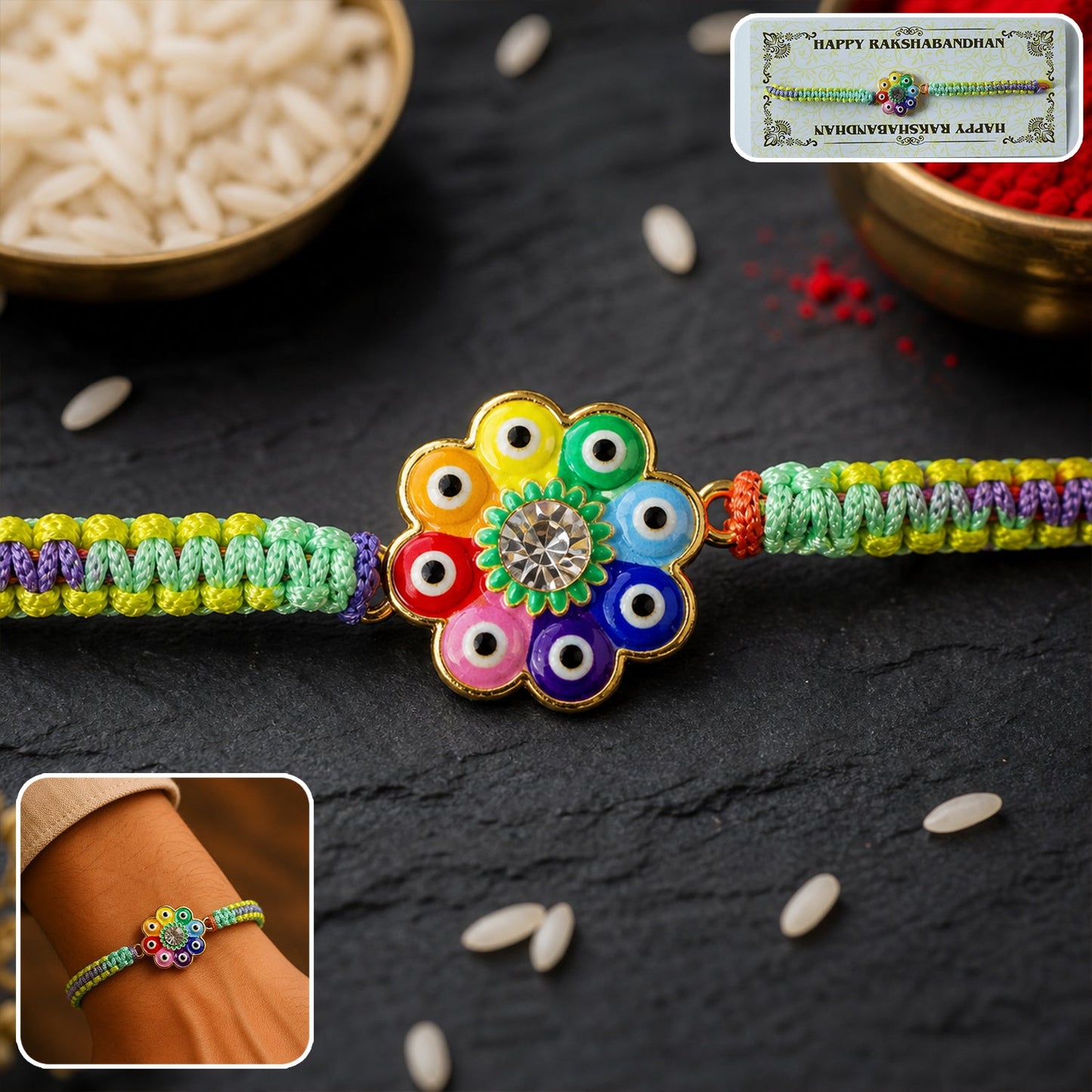 Colorful Evil Eye Flower Designer Dori Rakhi front view