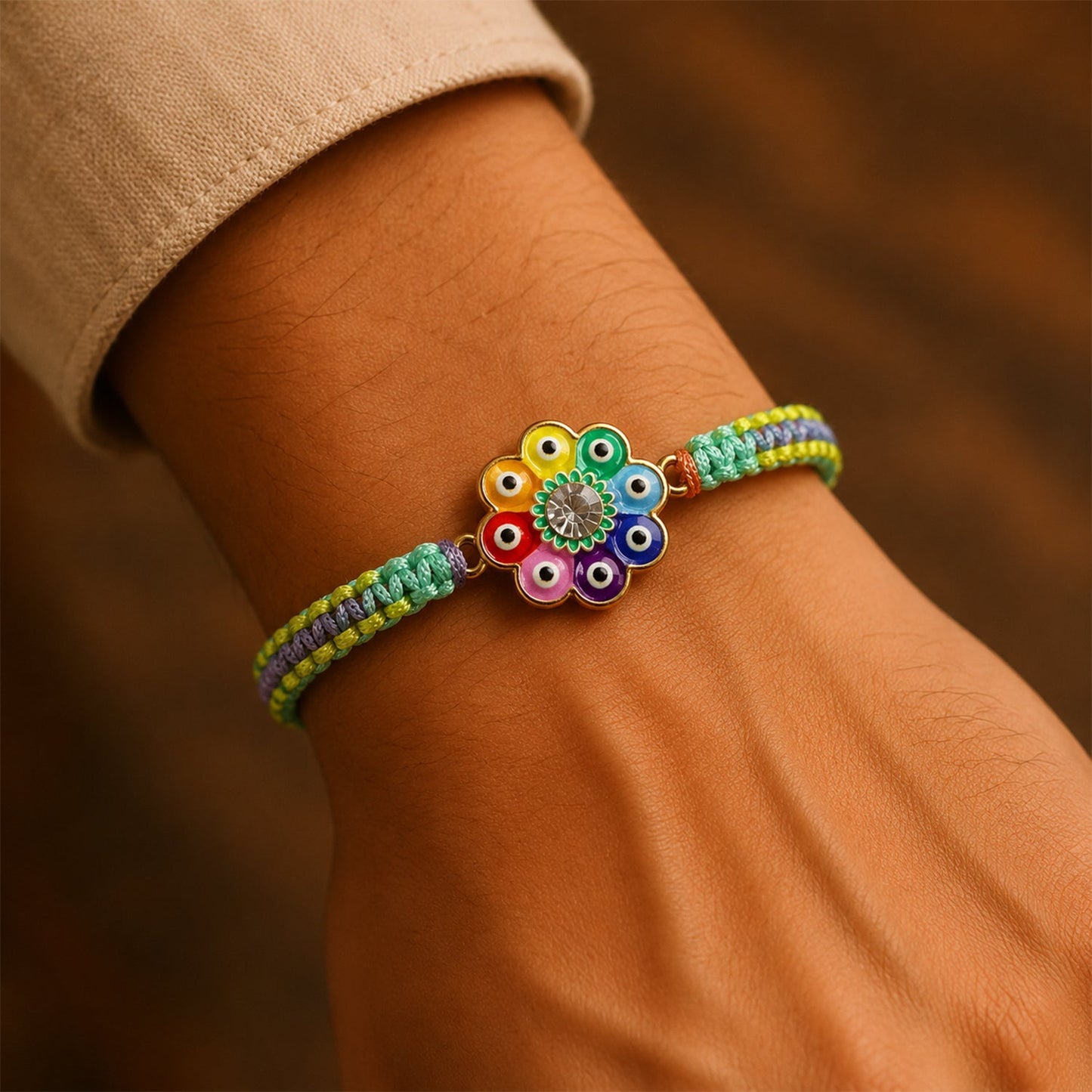 Side view of vibrant Evil Eye Flower Dori Rakhi
