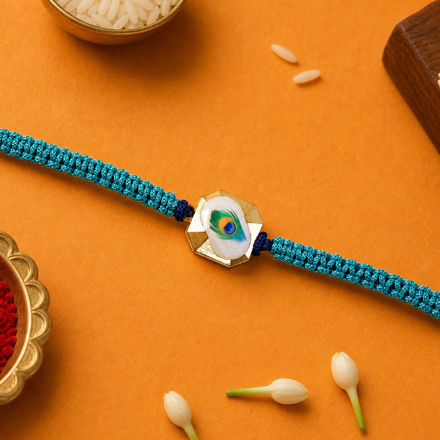 Close-up of Peacock Feather Design on Dori Rakhi