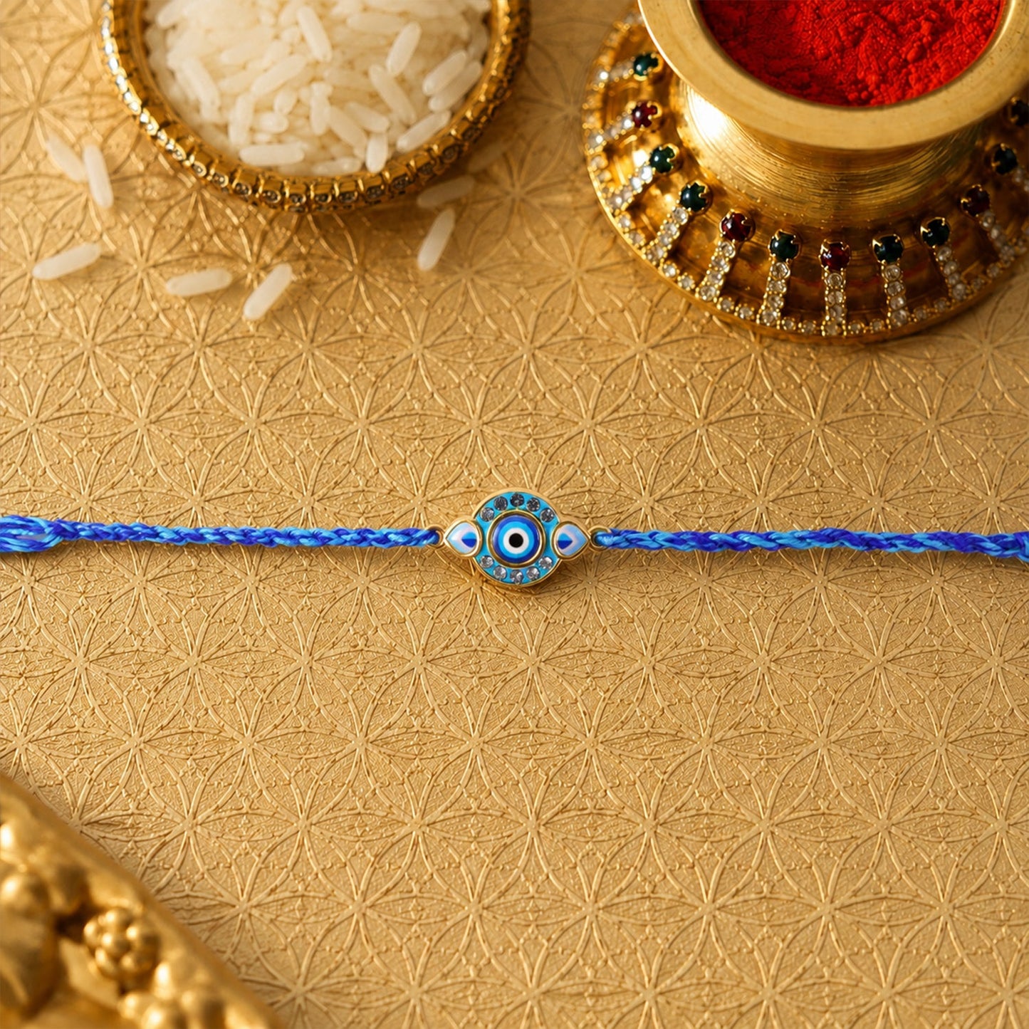 Round Blue Evil Eye Fancy Dori Rakhi for Brother (1 Pc)