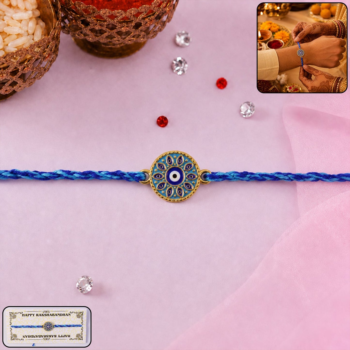 Blue Evil Eye Round Fancy Dori Rakhi for Brother (1 Pc)