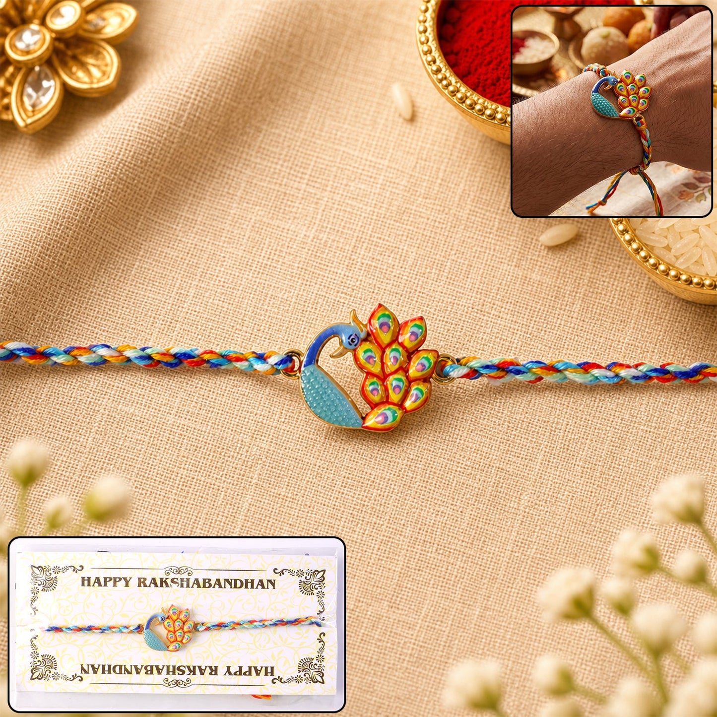 Colorful Peacock Fancy Dori Rakhi with vibrant peacock motif