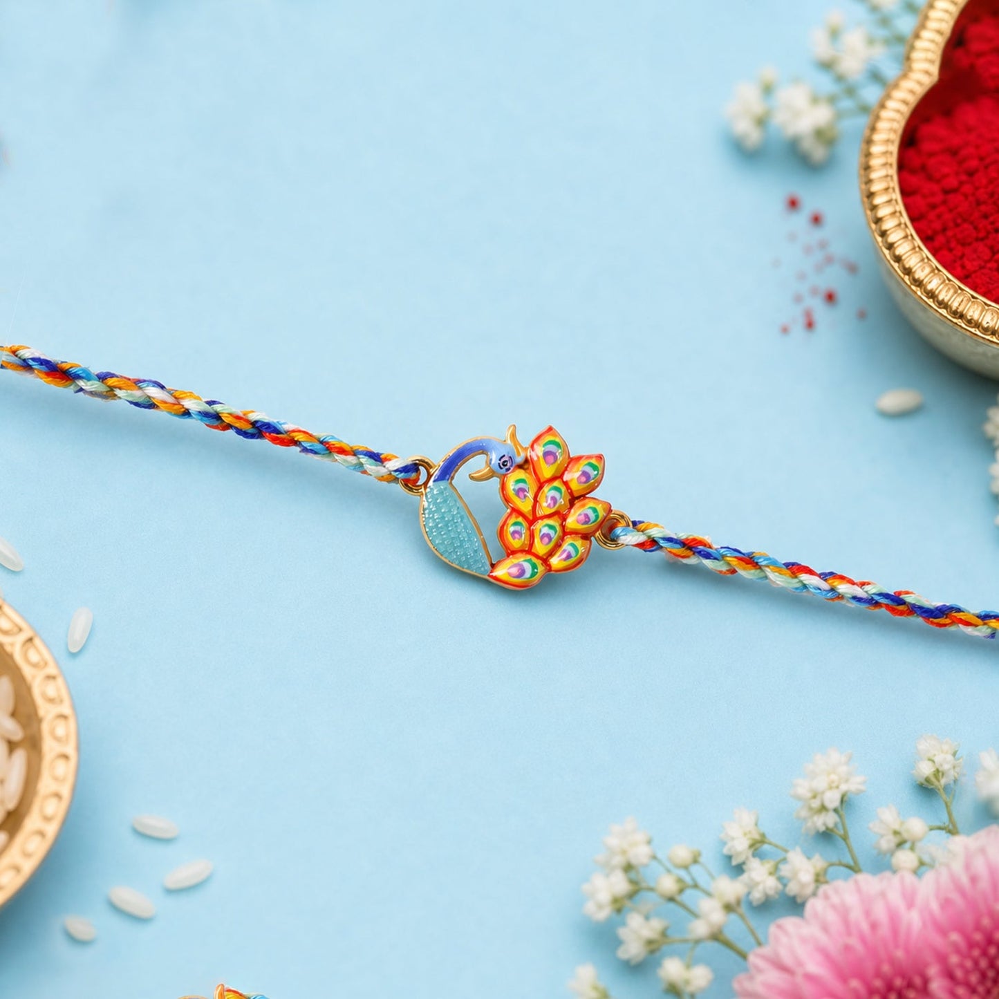 Side view of colorful Peacock Fancy Dori Rakhi