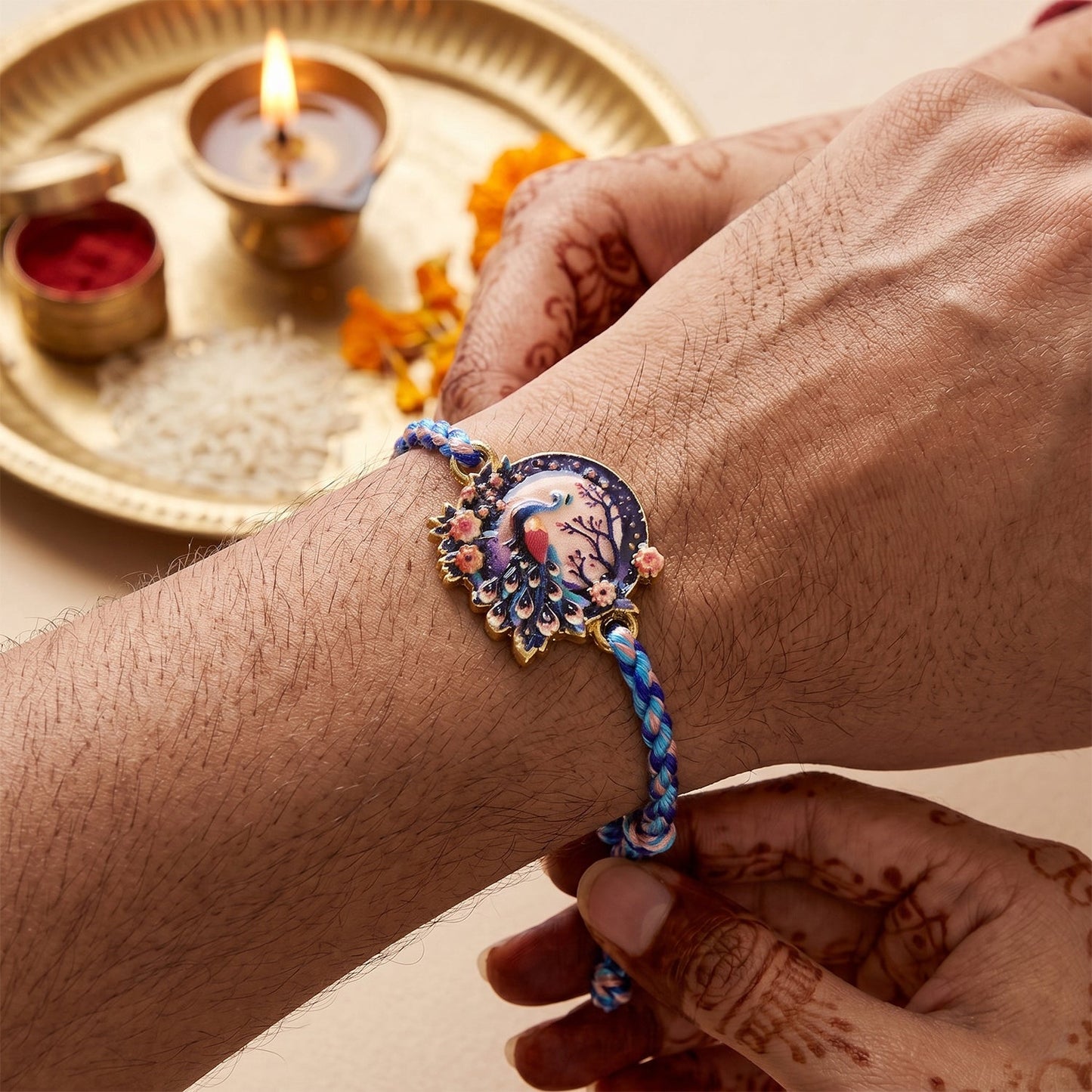 Peacock Floral Charm Fancy Dori Rakhi full length with floral design