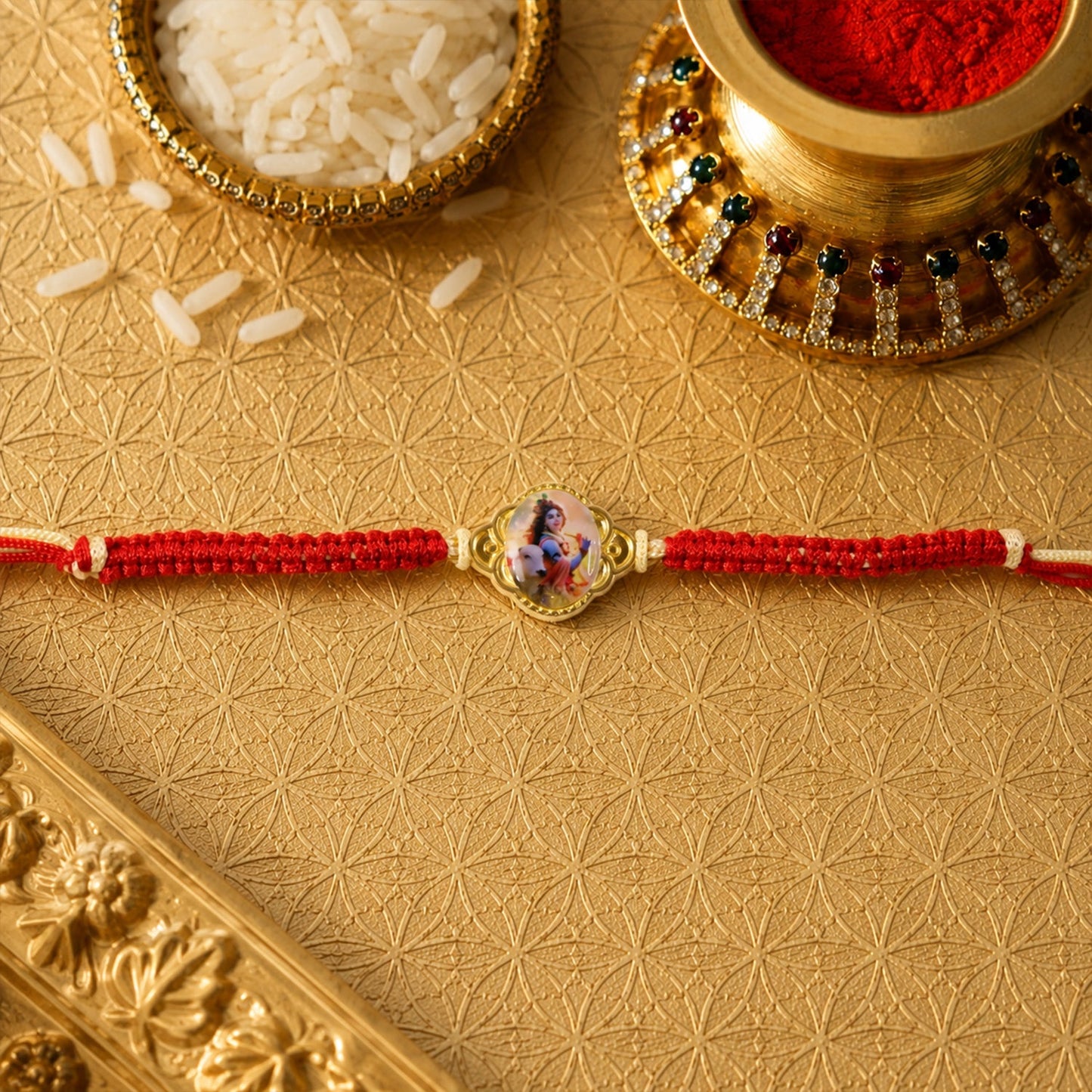 Krishna Cow Charm Fancy Dori Rakhi tied with thread