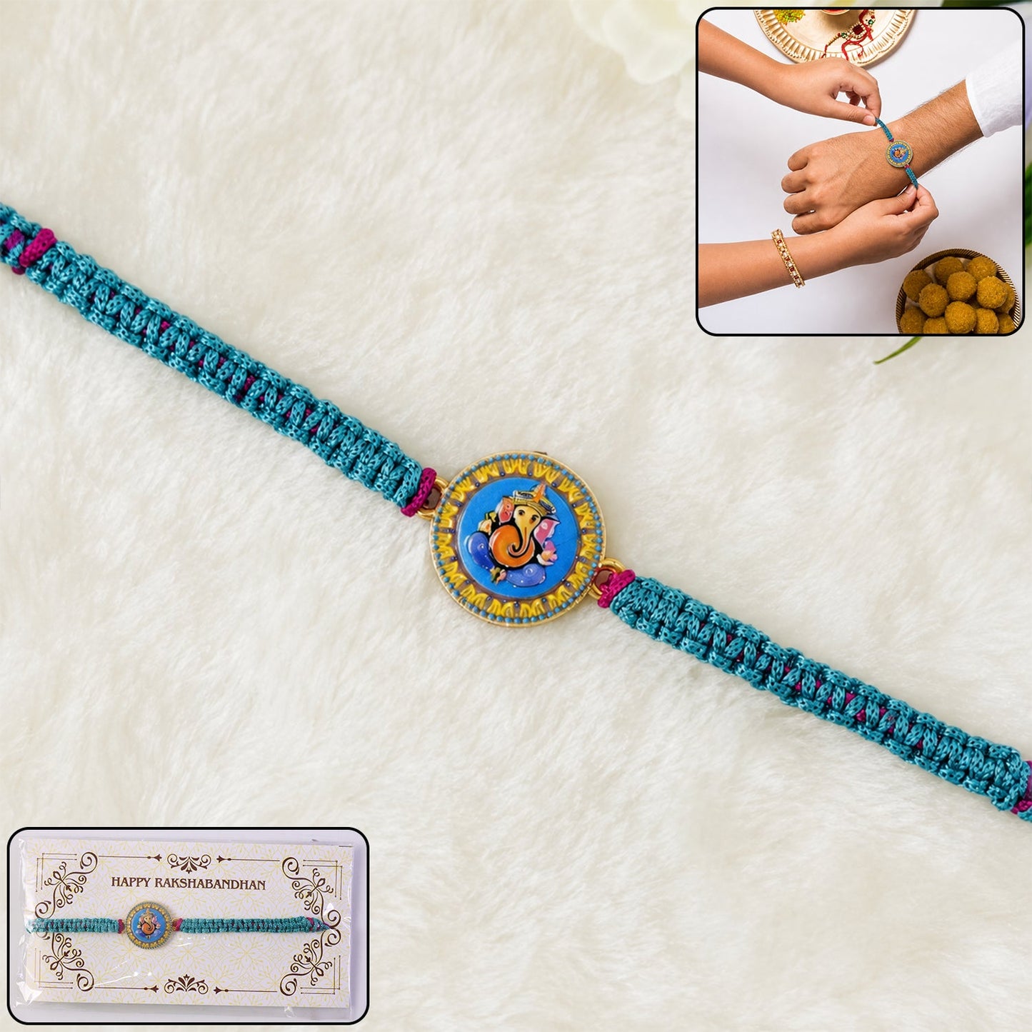 Ganesh Round Charm Fancy Dori Rakhi front view