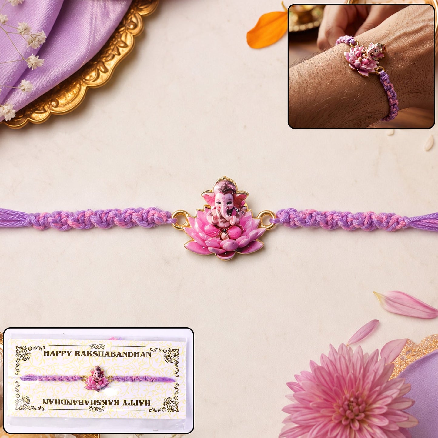 Pink Lotus Ganesh Fancy Dori Rakhi - front view