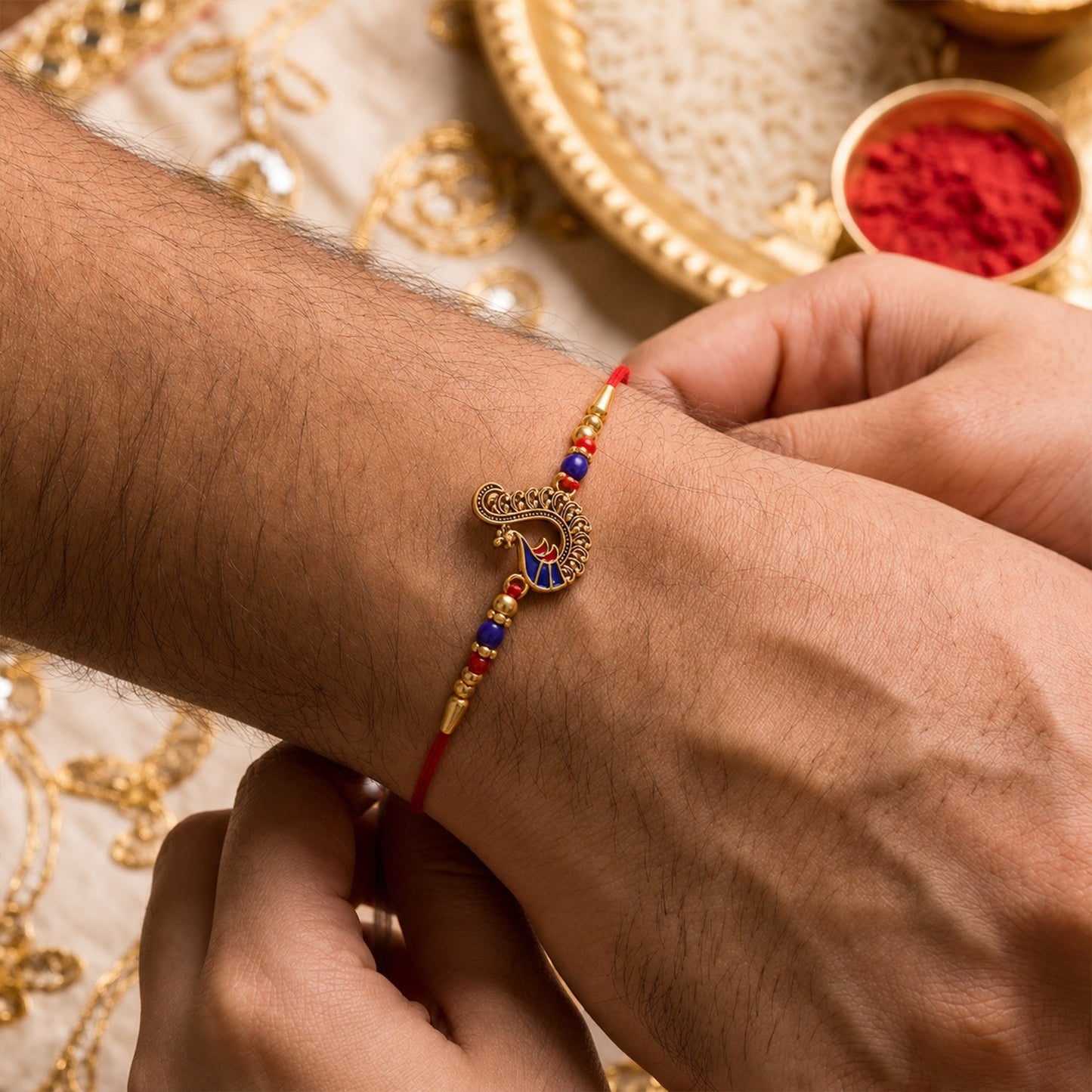 Traditional style rakhi with peacock charm and thread