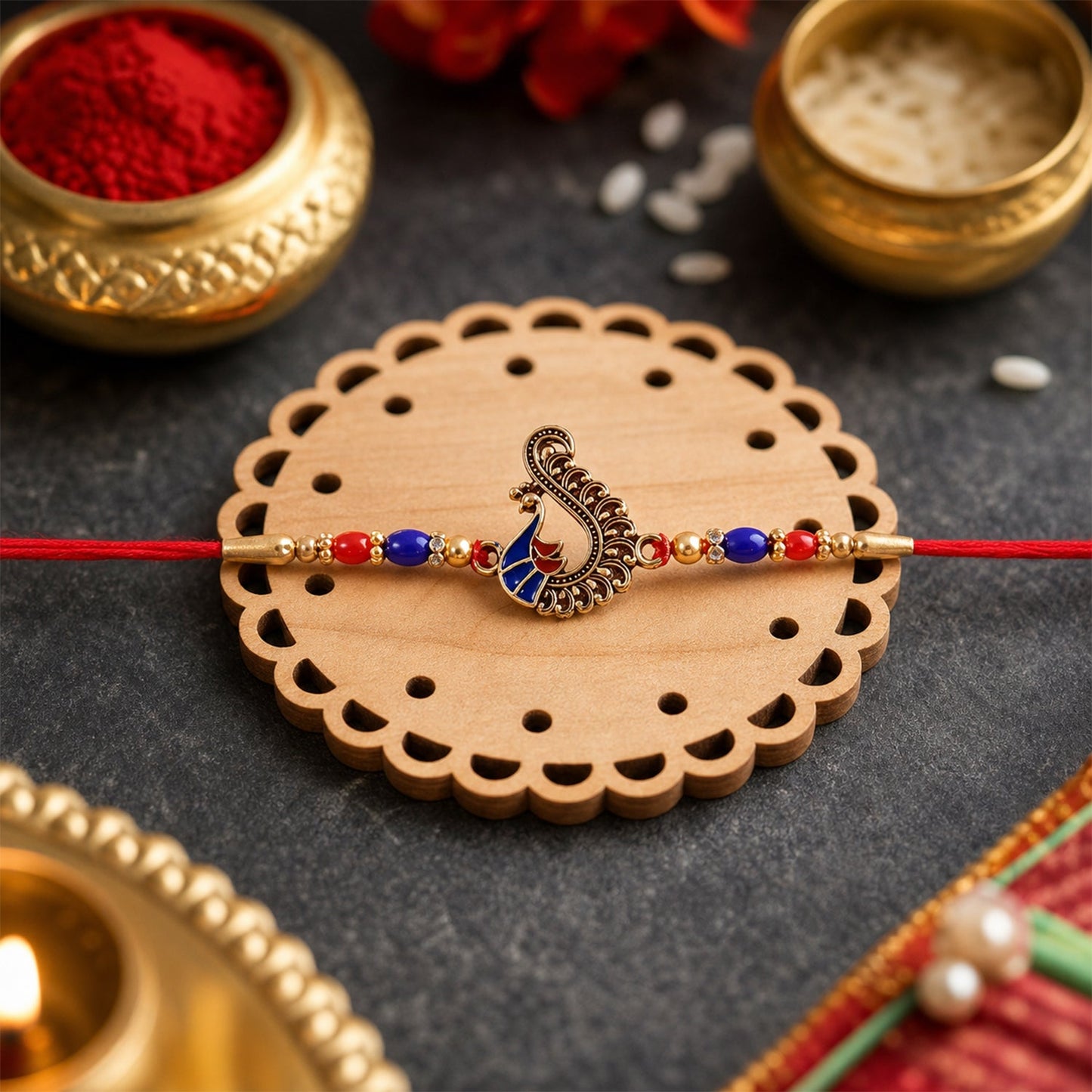 Close-up of peacock charm with colorful beads on rakhi