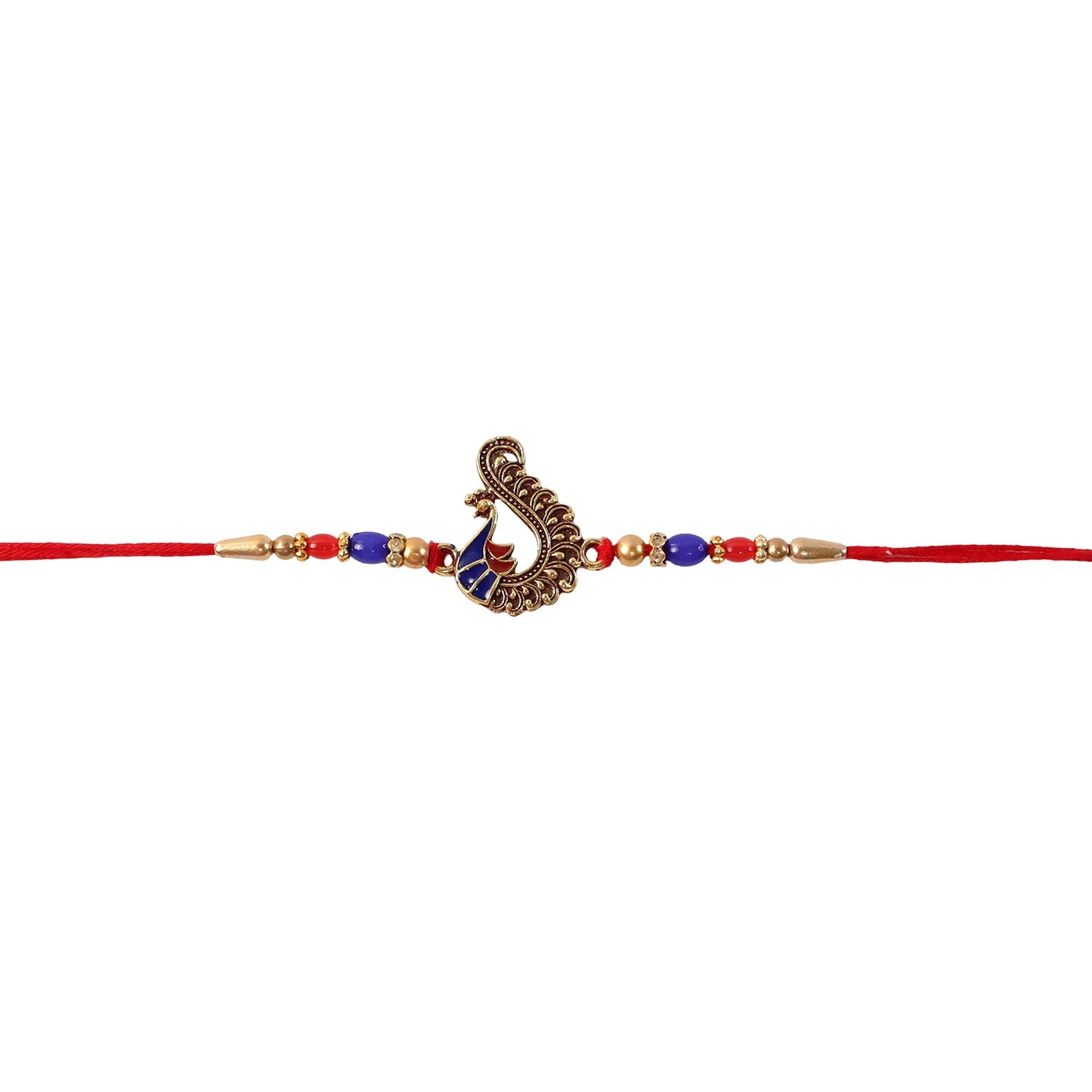 Hand holding antique peacock charm rakhi for brother