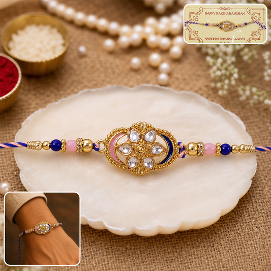 Close-up of beaded rakhi with floral oval Kundan charm