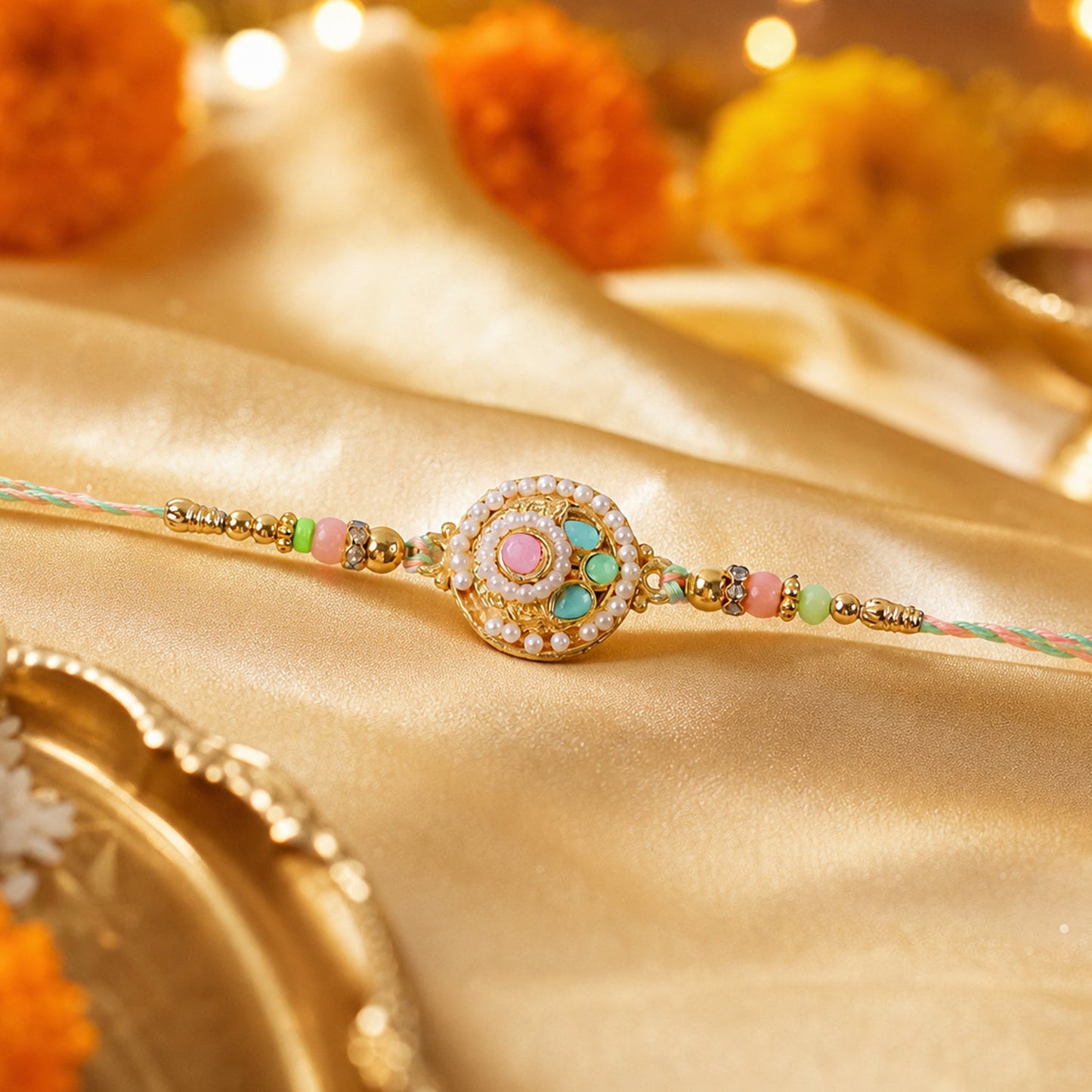 Top view of pastel pearl round charm rakhi