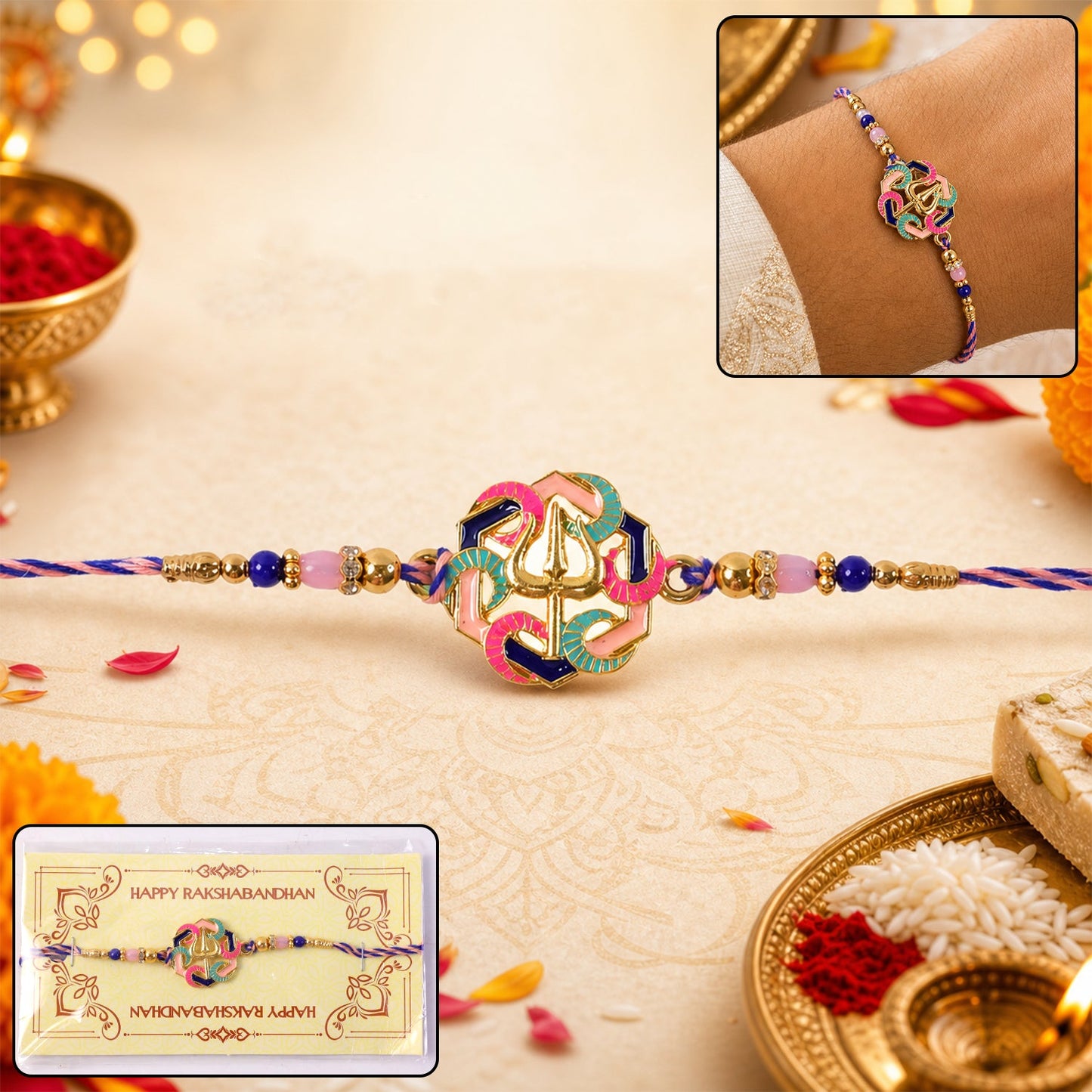 Colorful Trishul charm with beads rakhi for brother