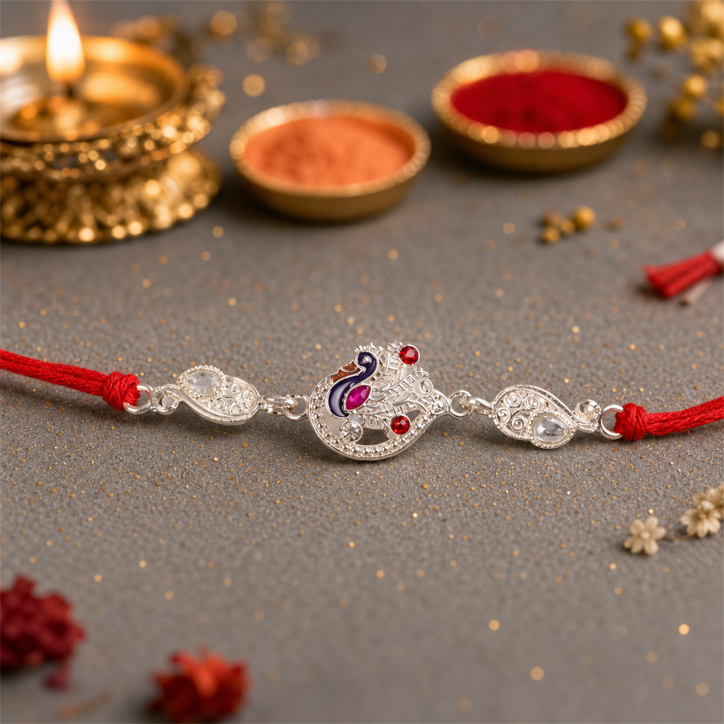 Detailed view of silver peacock charm rakhi with red thread
