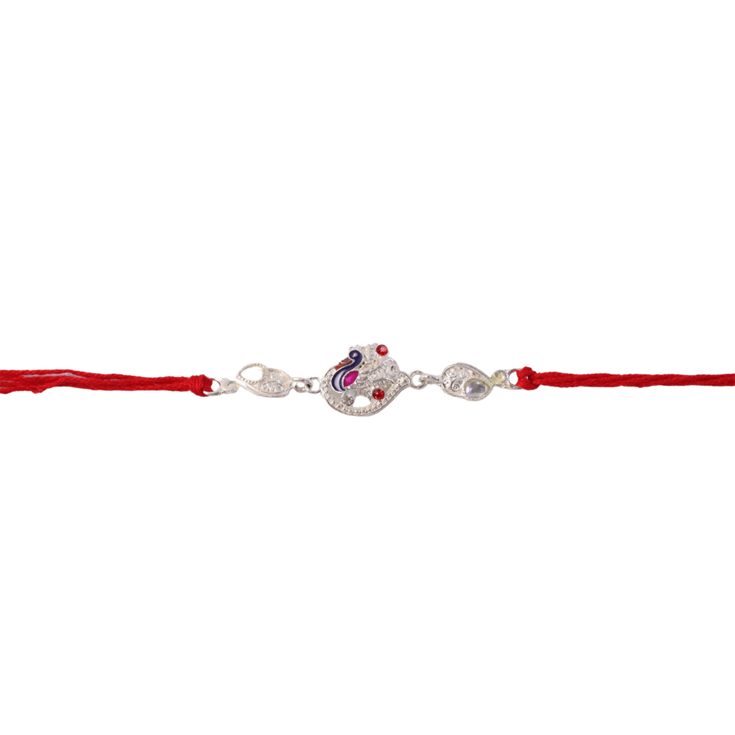 Elegant silver peacock charm rakhi and red thread display