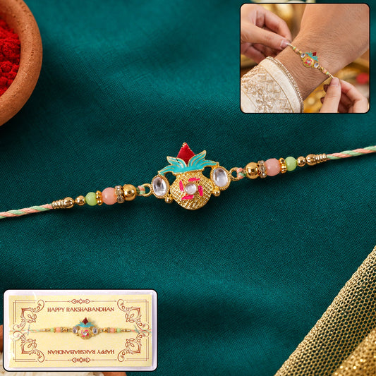 Kalash Kundan Rakhi with beads close-up front view