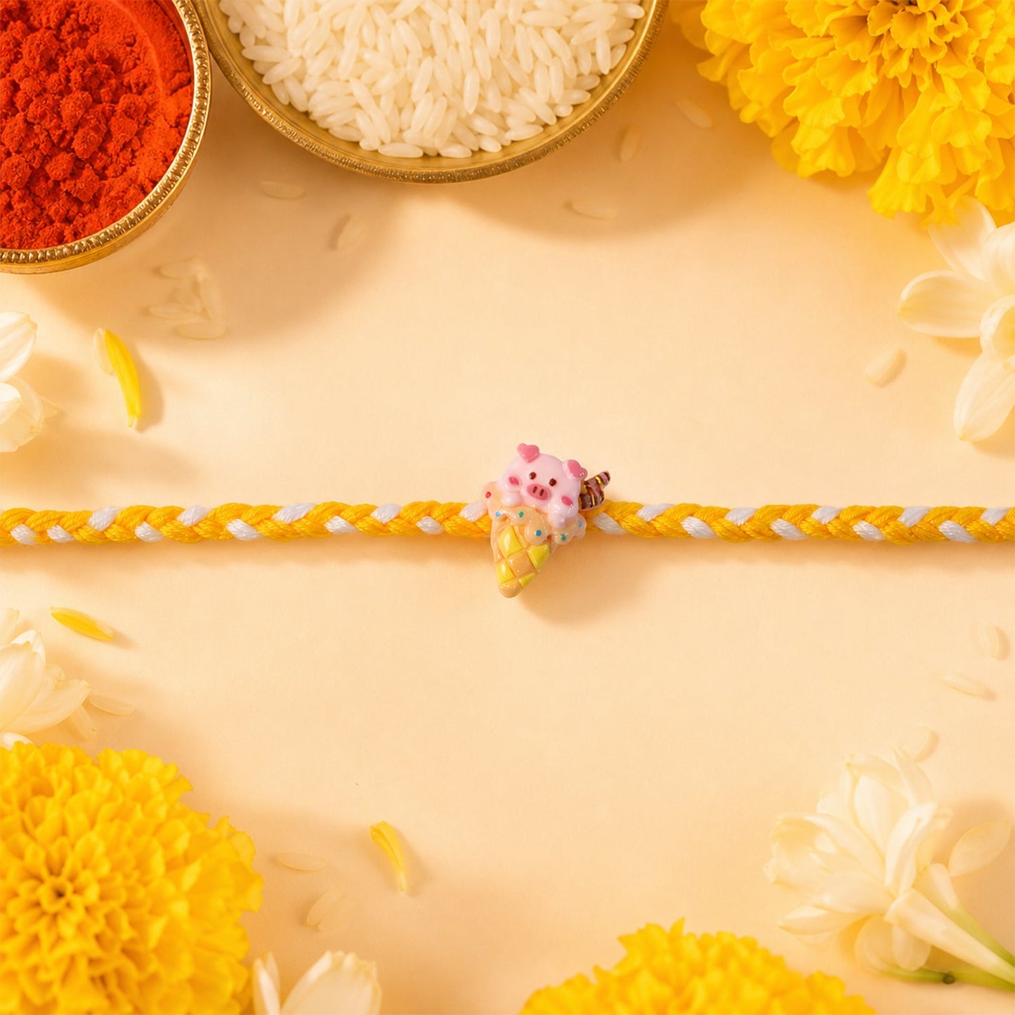 Close-up of Cute Pig design on Fancy Dori Rakhi