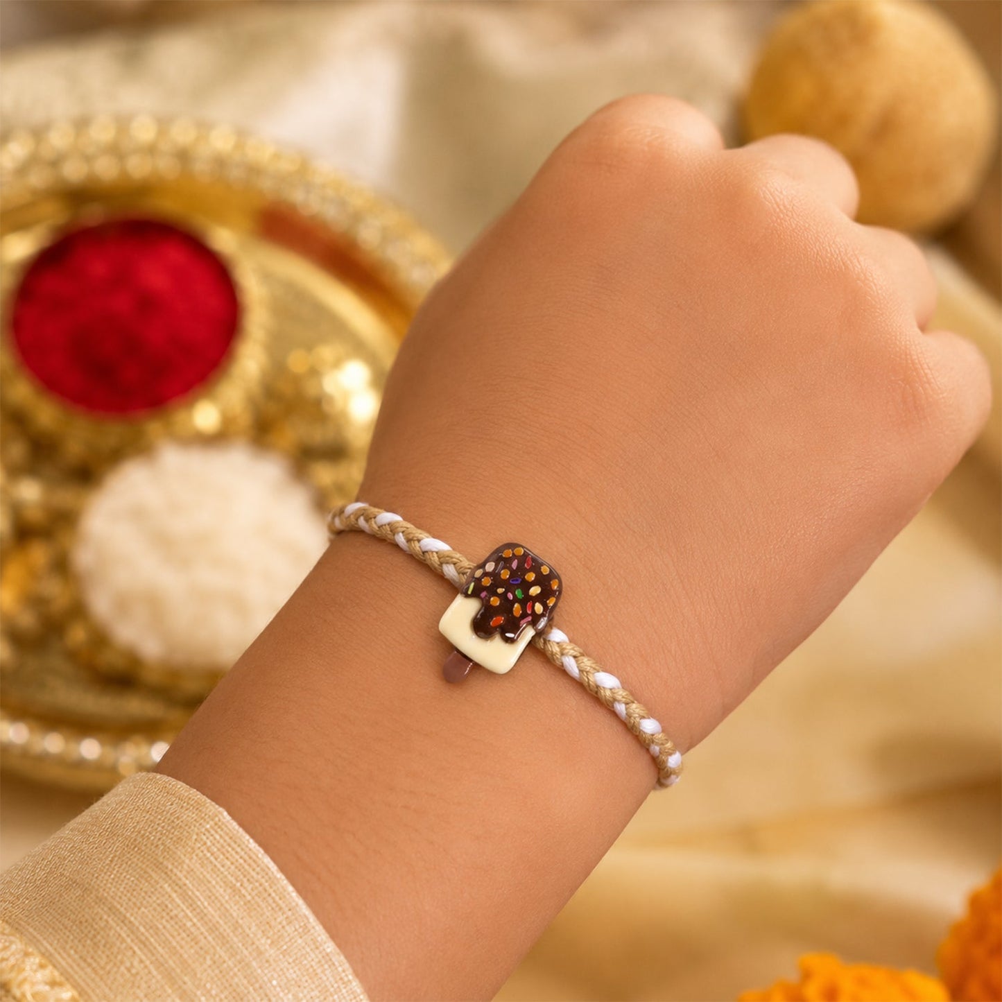 Close-up of Chocolate Ice Cream Bar Rakhi detail and finishing