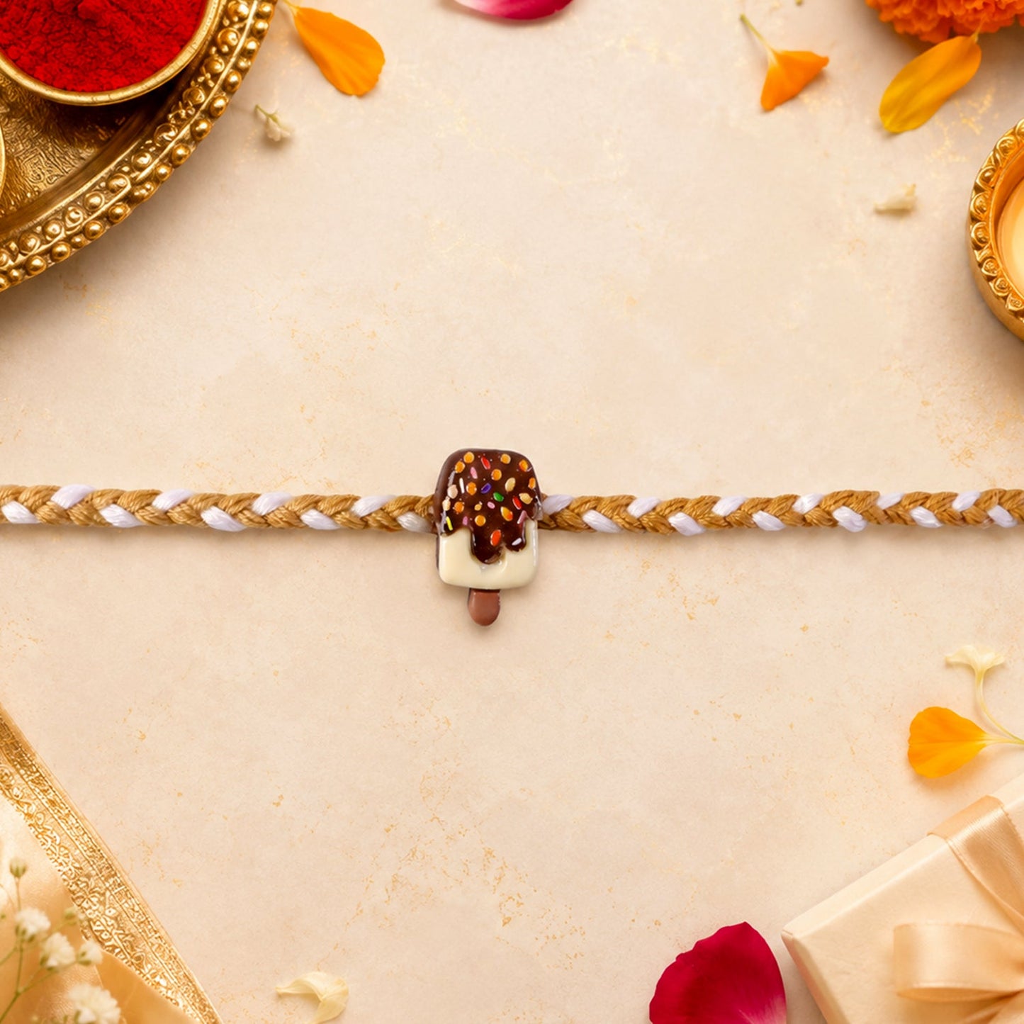 Side view of stylish Chocolate Ice Cream Bar Fancy Dori Rakhi