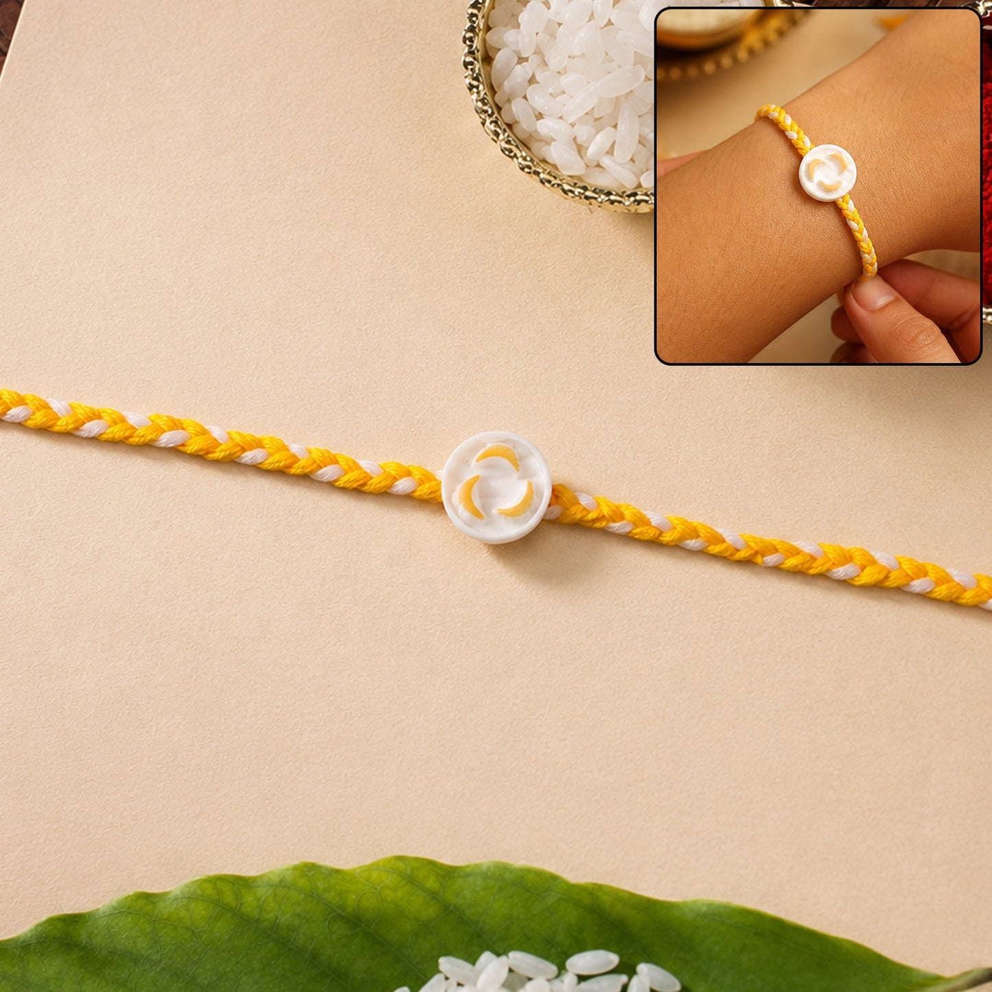 White Round Charm Fancy Dori Rakhi front view