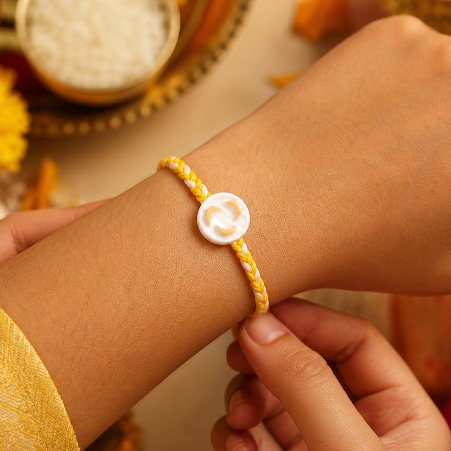White Round Charm Fancy Dori Rakhi close-up detail