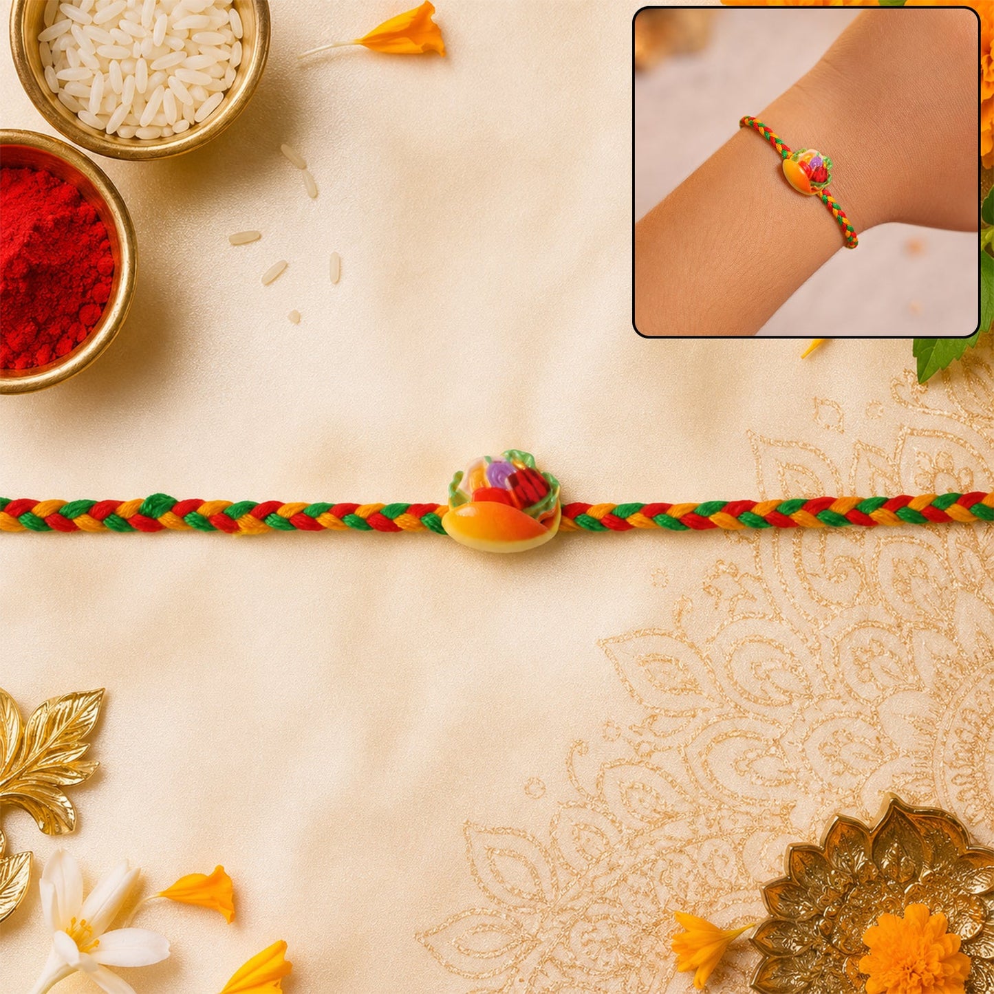 Colorful fruit fancy dori rakhi for brother – front view