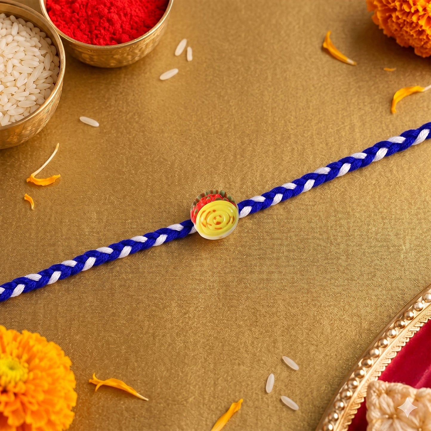 Side angle of Yellow Sweet Dessert Fancy Dori Rakhi