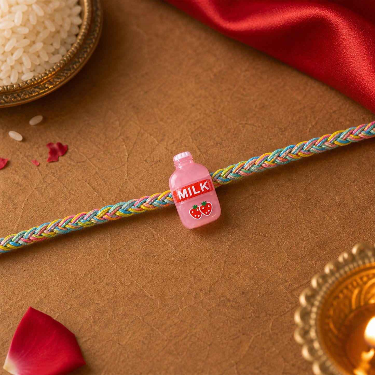 Milk Bottle Fancy Dori Rakhi tied on wrist