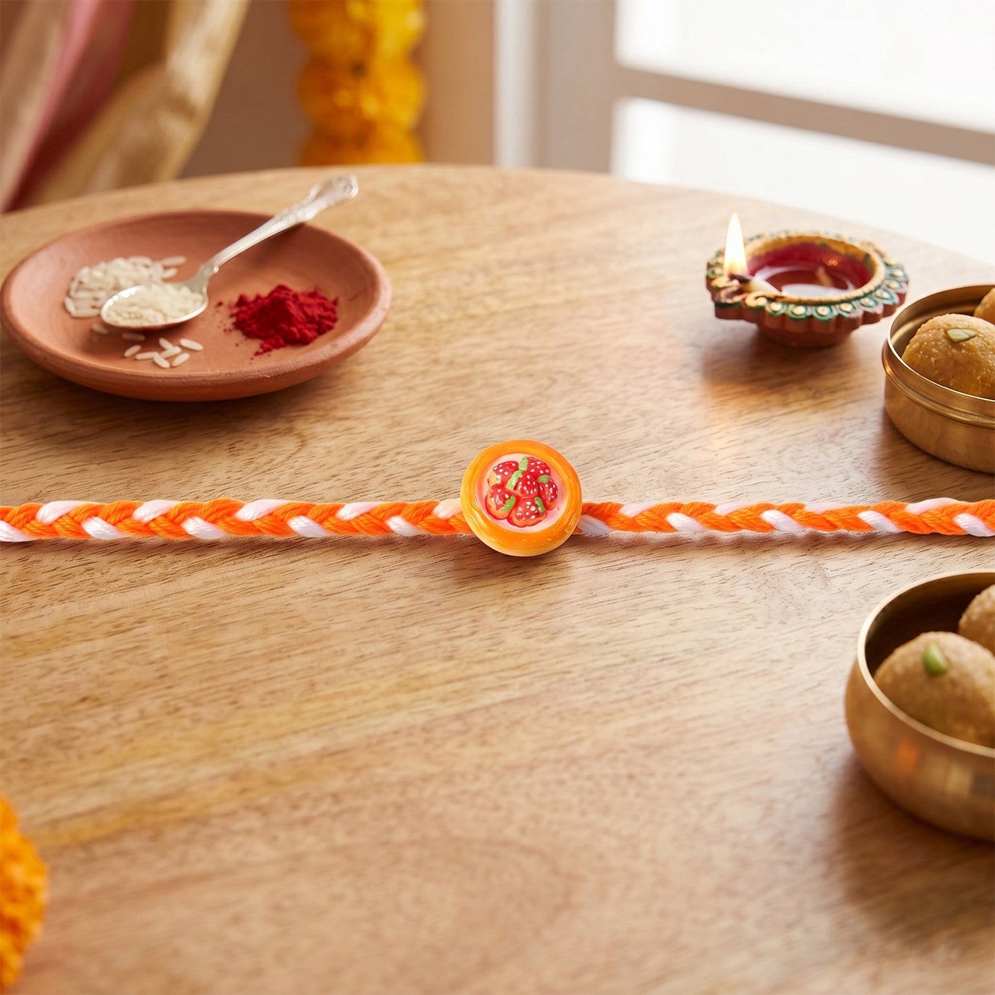 Close-up of strawberry design on rakhi thread