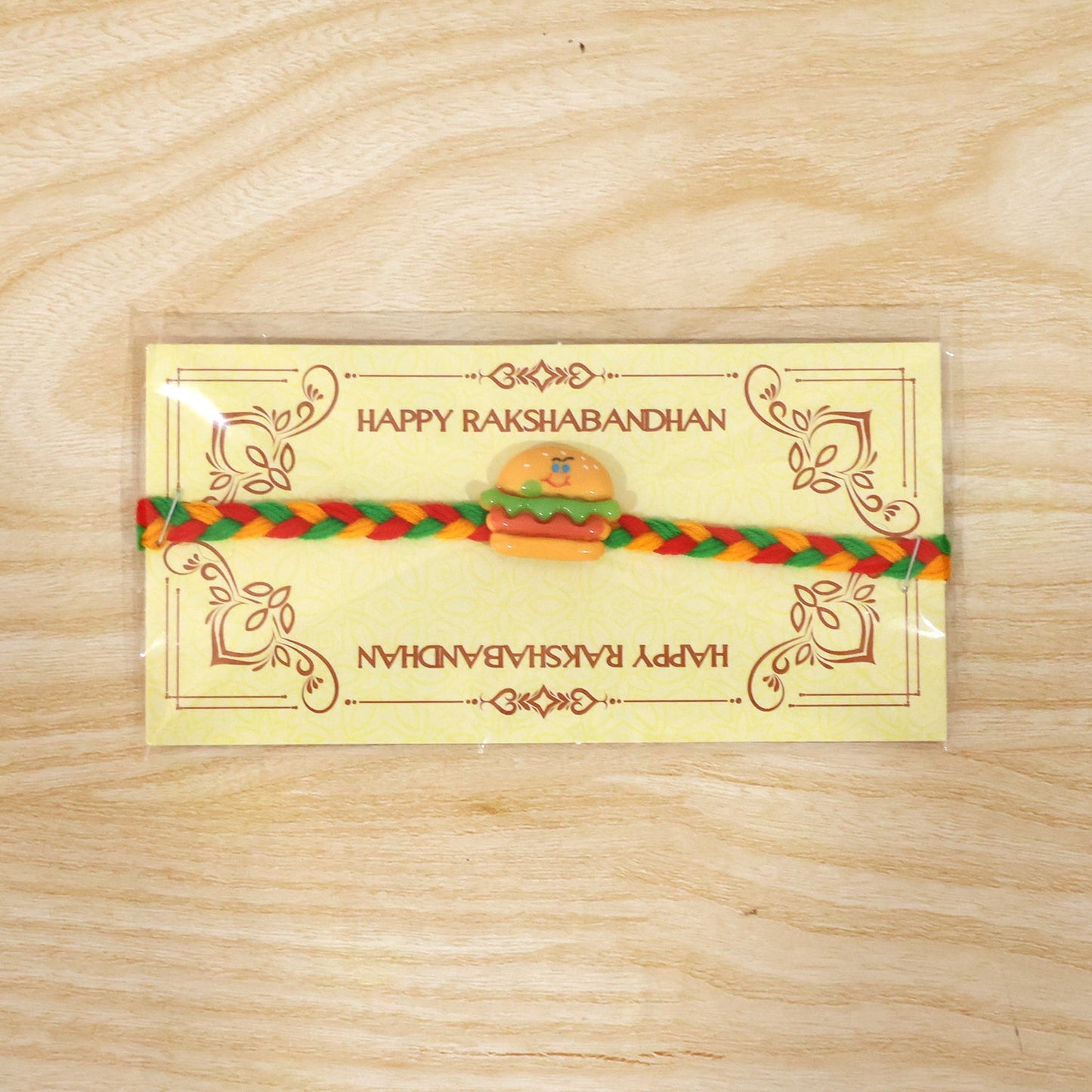 Designer Cute Burger Charm Fancy Dori Rakhi full view