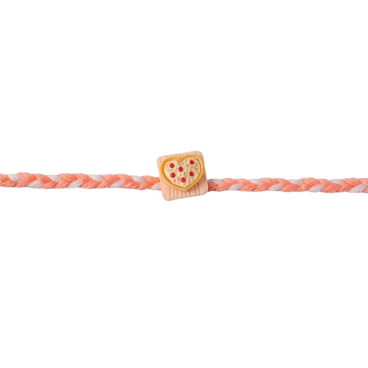Heart pizza charm rakhi showcasing thread and charm