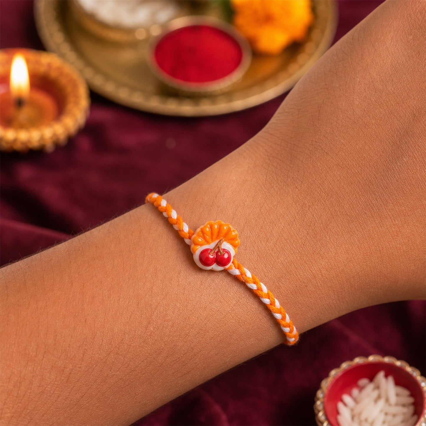 Close-up of designer rakhi with cherry charm